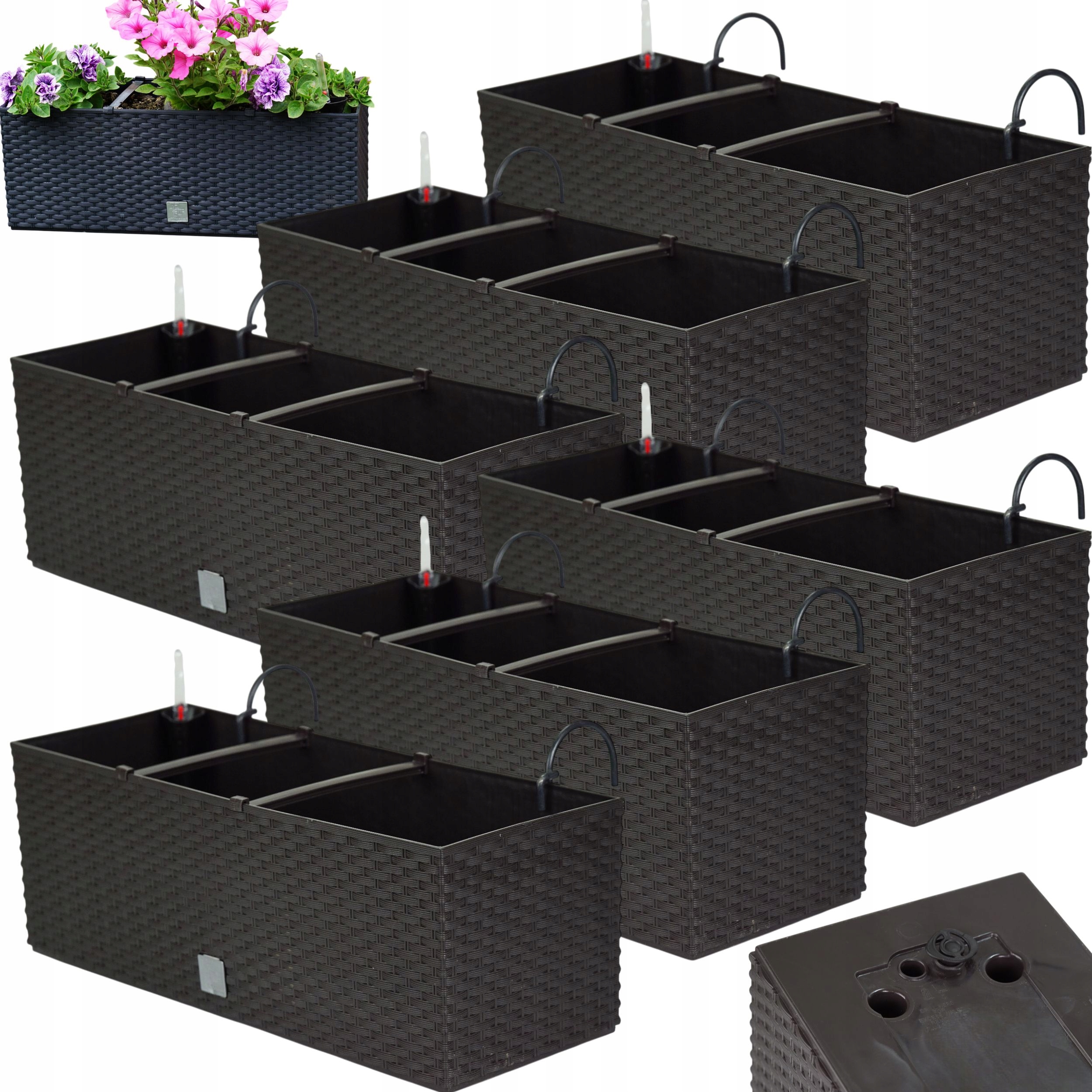 6 x Balkónový kvetináč 51 cm úchytky háčiky, zavlažovač, box na balkón