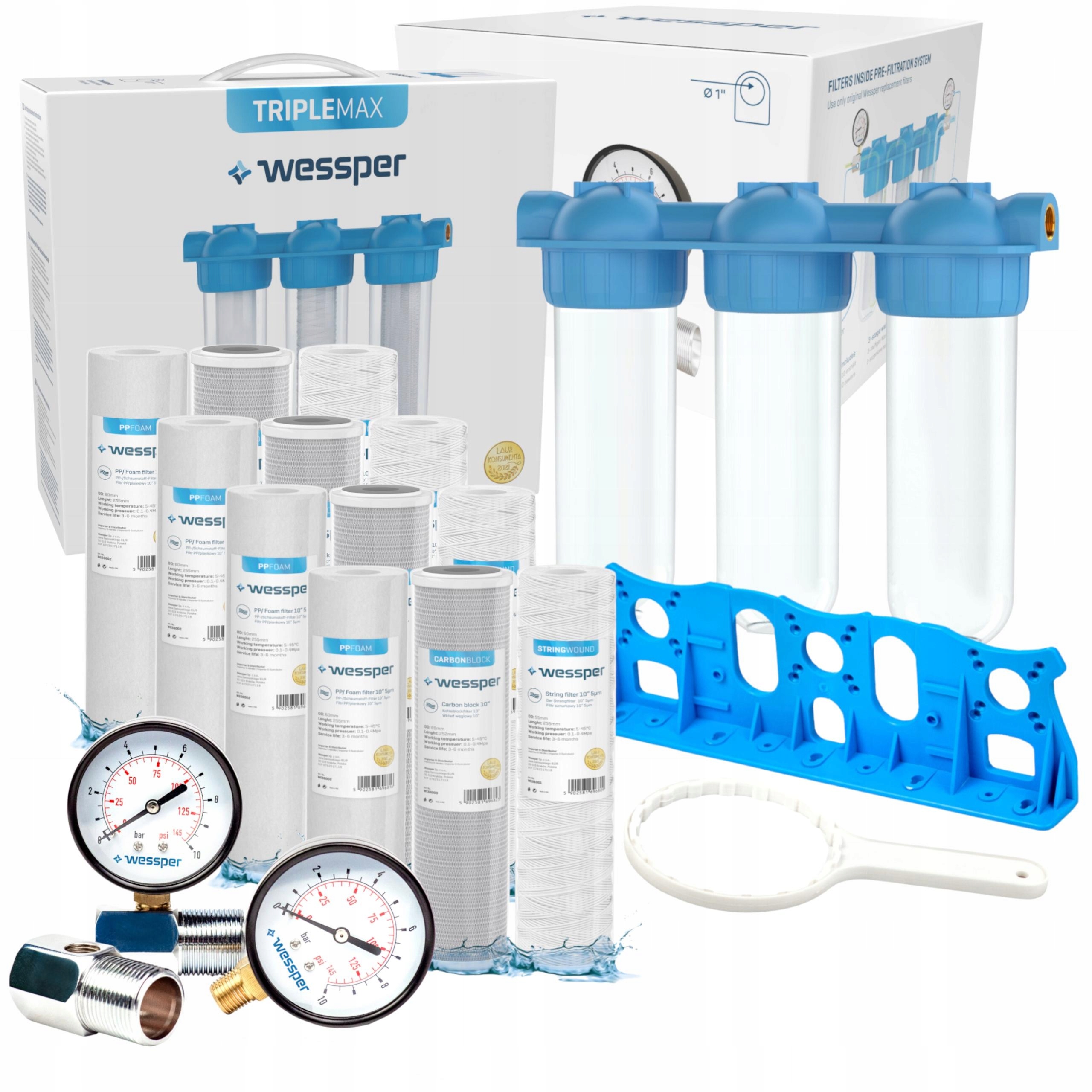 Filtr vody na celý dům 1 palec 3-stupňový do domu 12x filtr 2x manometr
