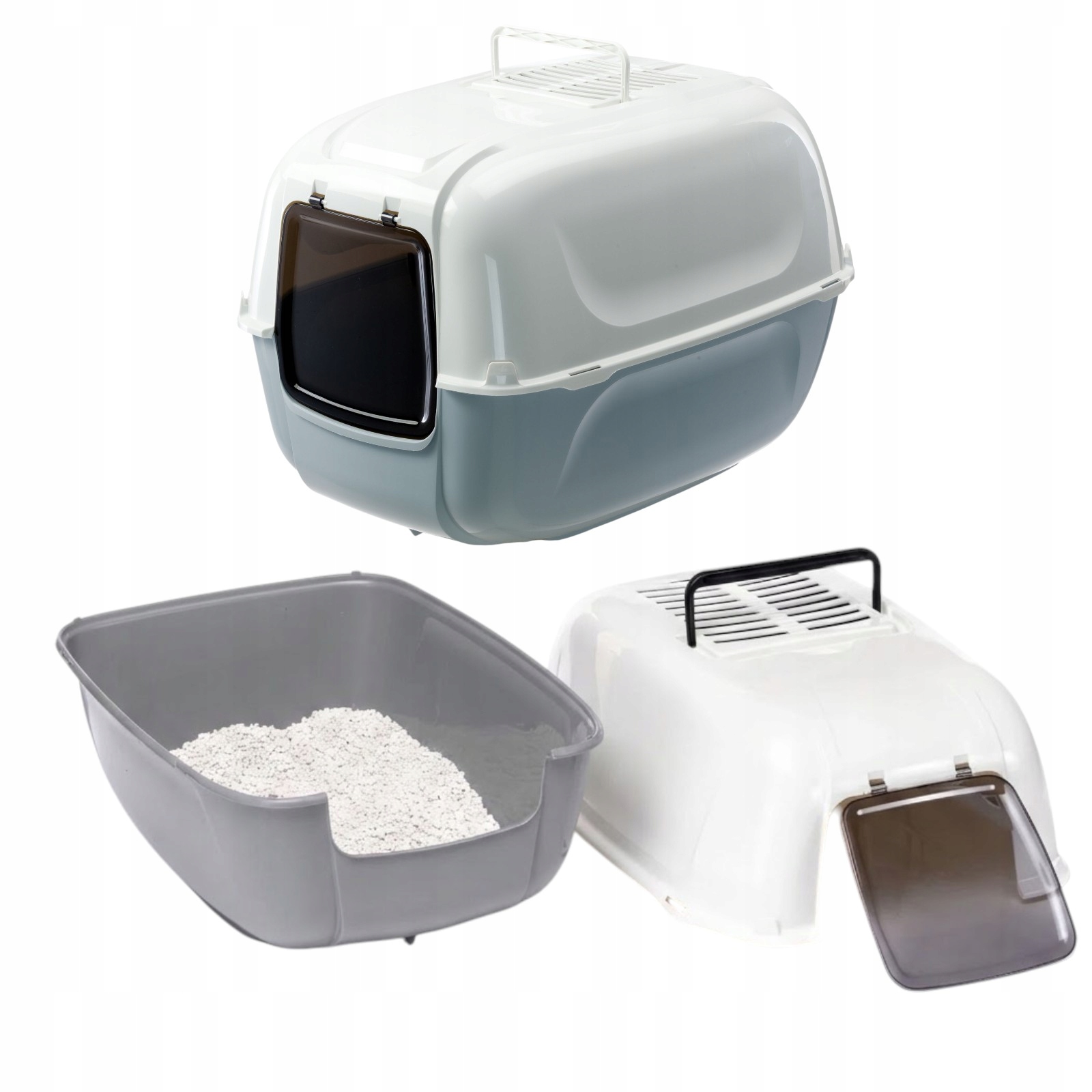 Prima XXL Duża Kuweta Kryta 65x45x45 Biało-Szara Filtr Łopatka Maine Coon