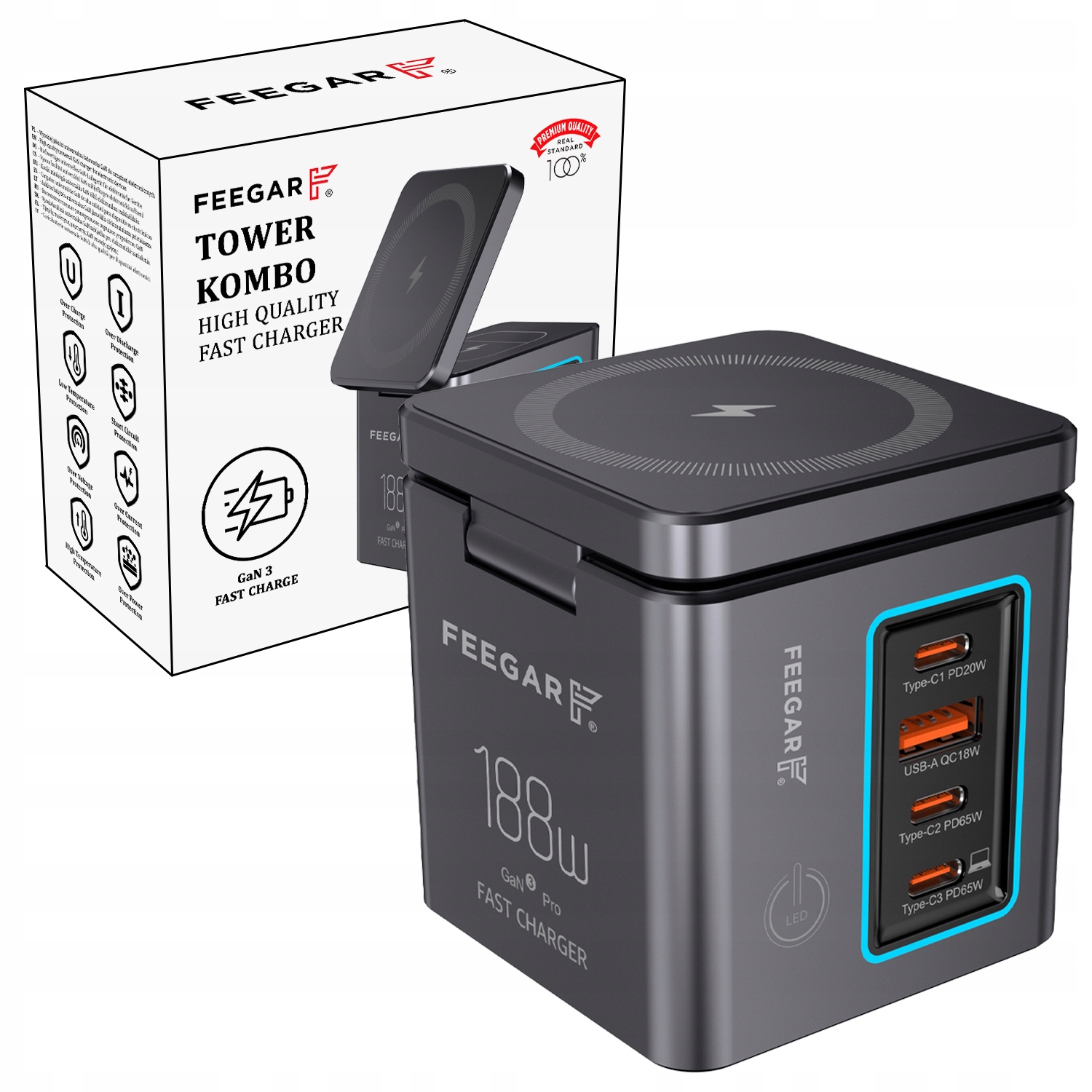 Rychlá síťová nabíječka Feegar Kombo 188W GaN3 Typ C Usb-c Pd Qc 3.0 Indu