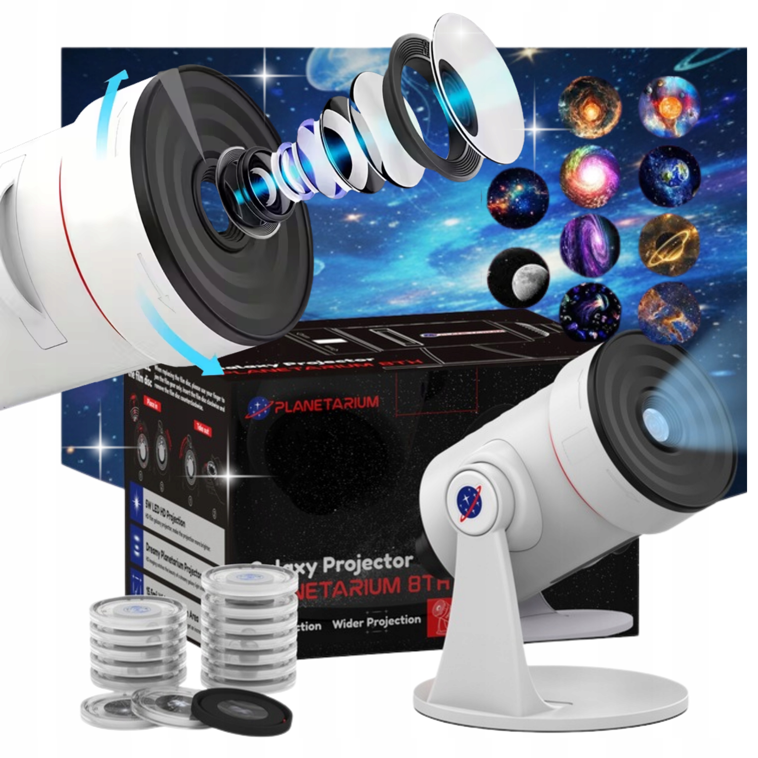 Projektor Noční Oblohy Projektor PLANETx10 Planetárium Noční lampa Led Puškohled Usb