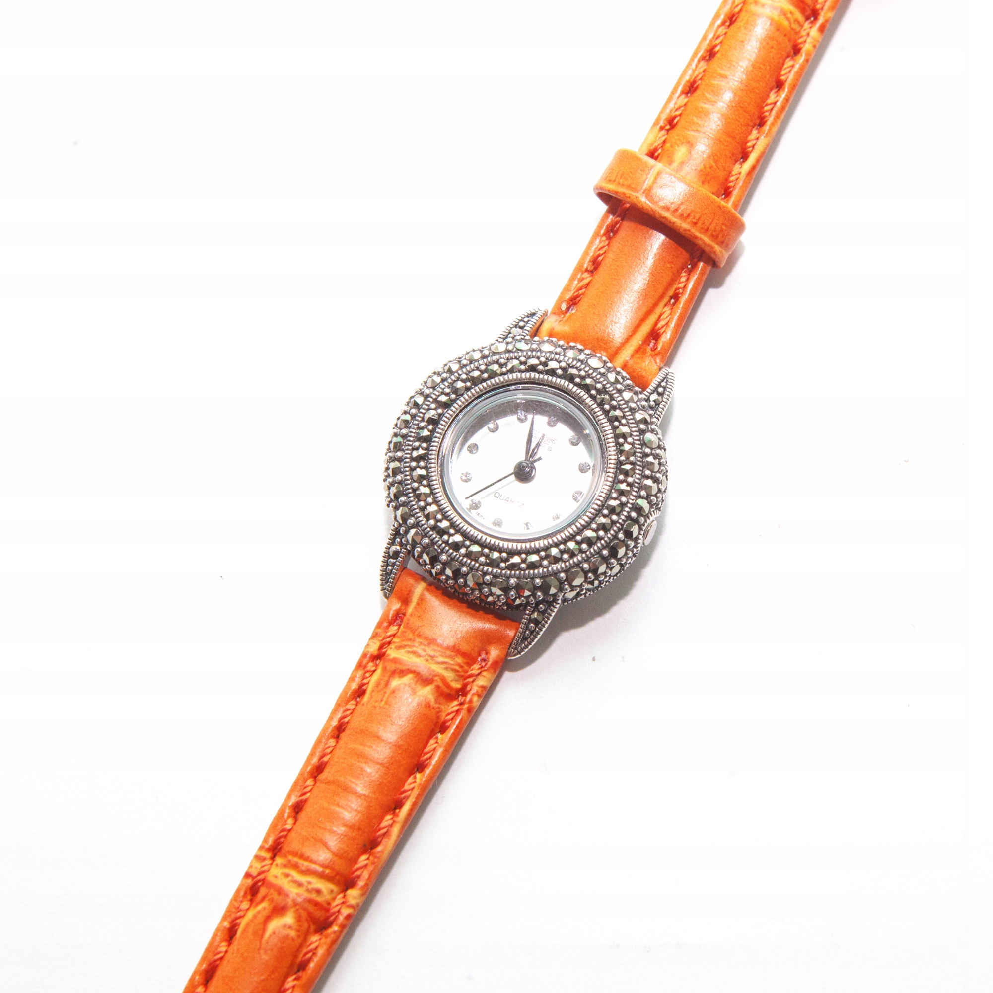 Hodinky ruční náramek s markýzami stříbro 925 oranžový kožený řemínek