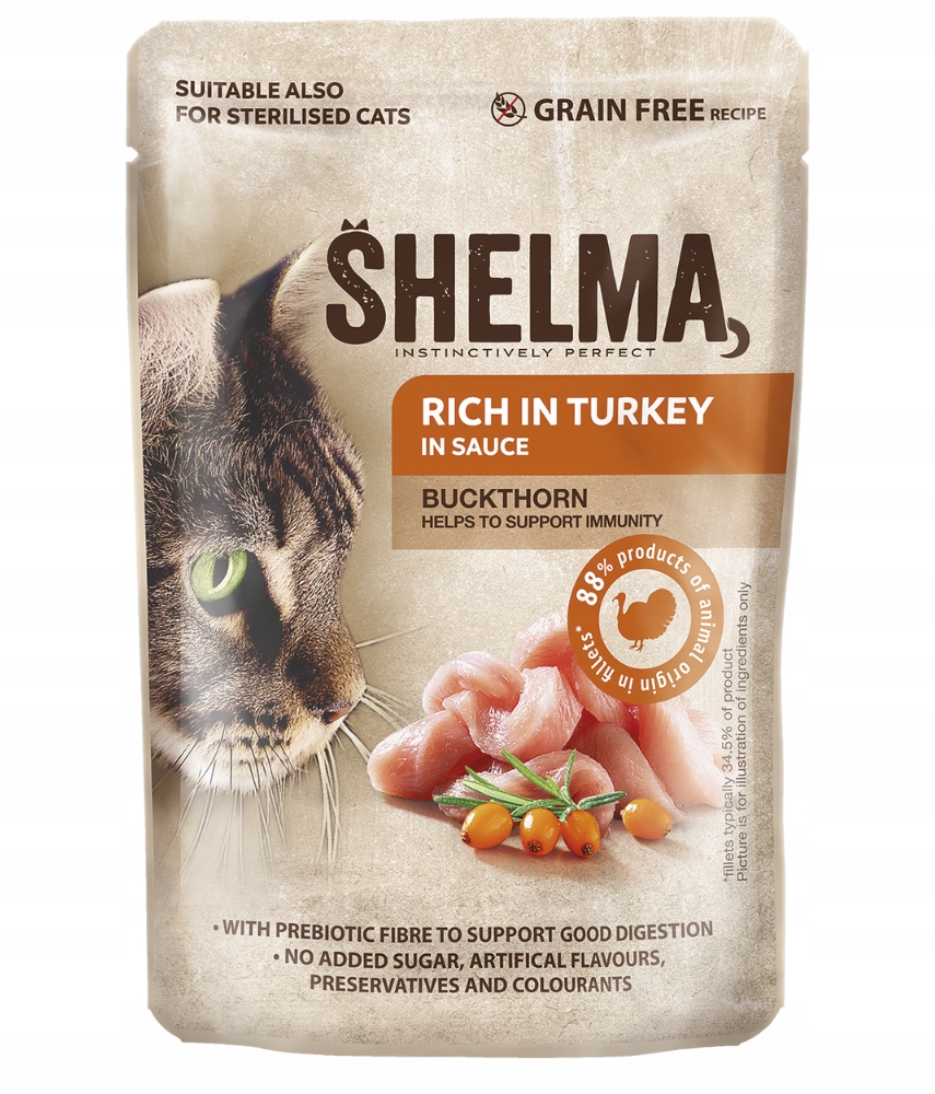 Levně 6 x Shelma mokré krmivo pro kočky kapsička krůta s rakytníkem 85 g