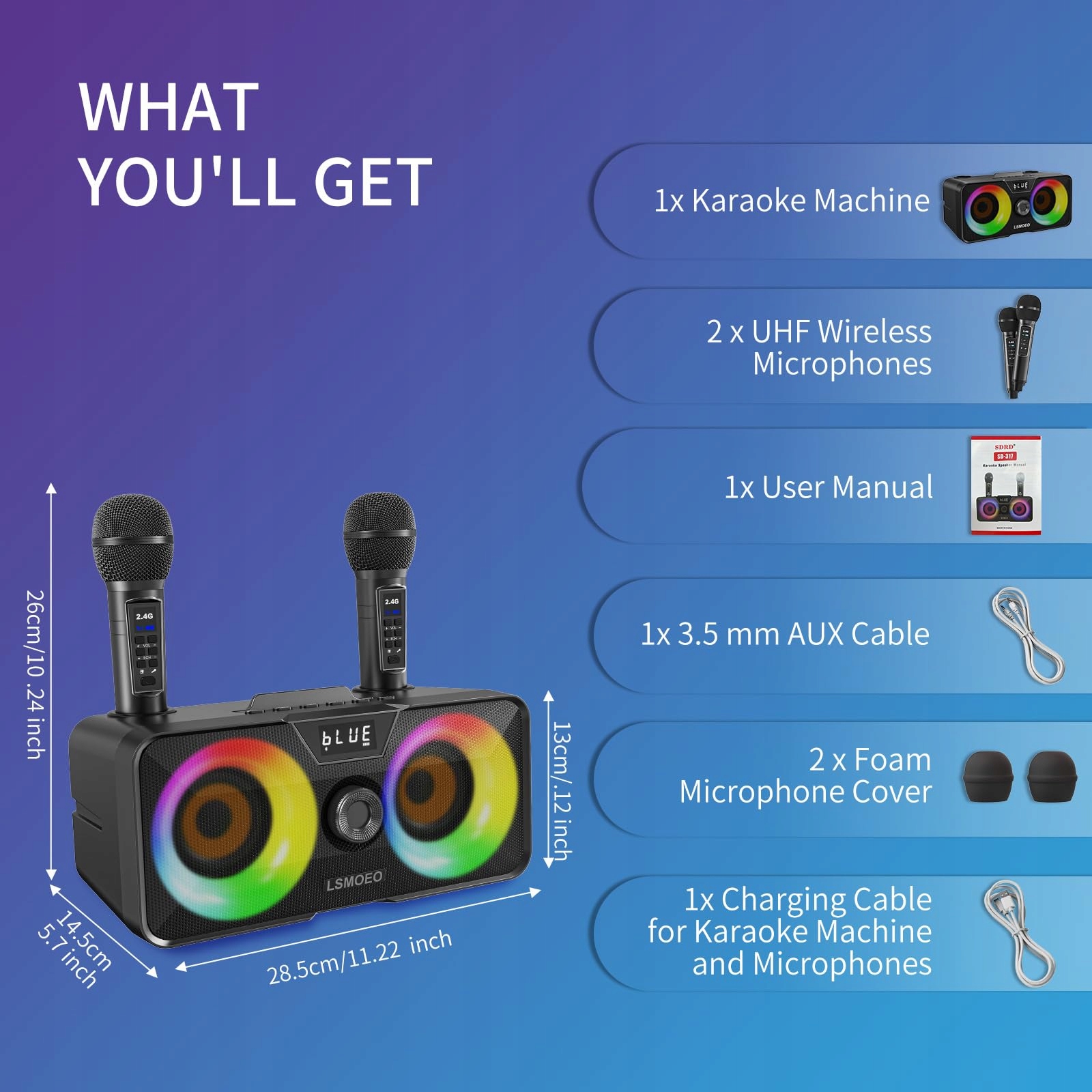 PRZENOŚNE KARAOKE MASZYNA Z GŁOŚNIKIEM BLUETOOTH I 2 MIKROFONAMI — miniatura 6