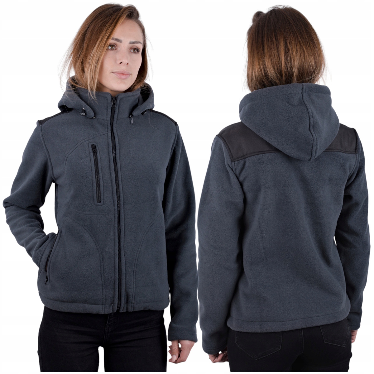 Ciepły Polar Damski Rozpinany z Kapturem Zapinane Kieszenie Bluza Szara r L