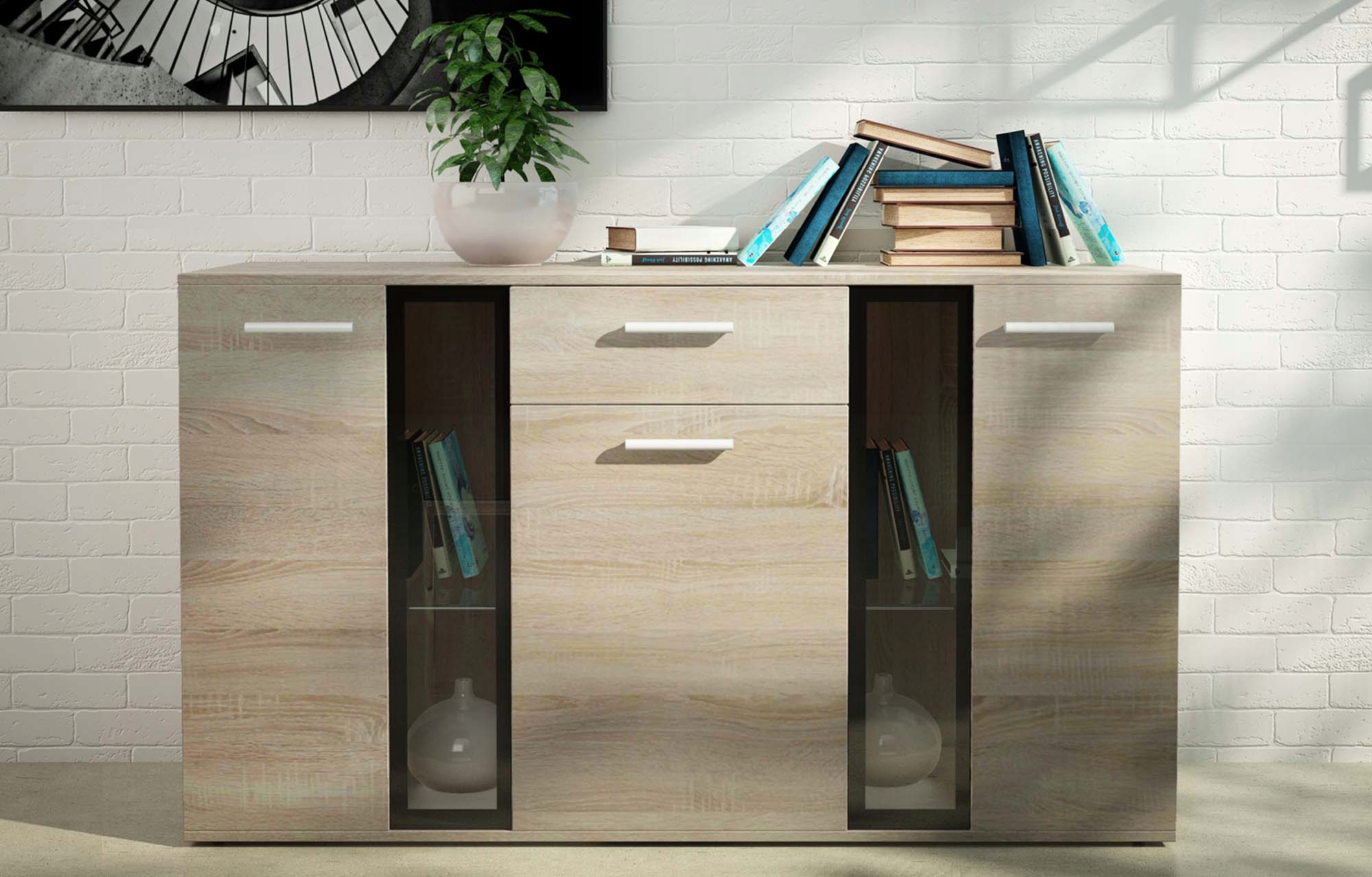 Módní Komoda S Vitrínou, 3 Led Skříňky, Sonoma