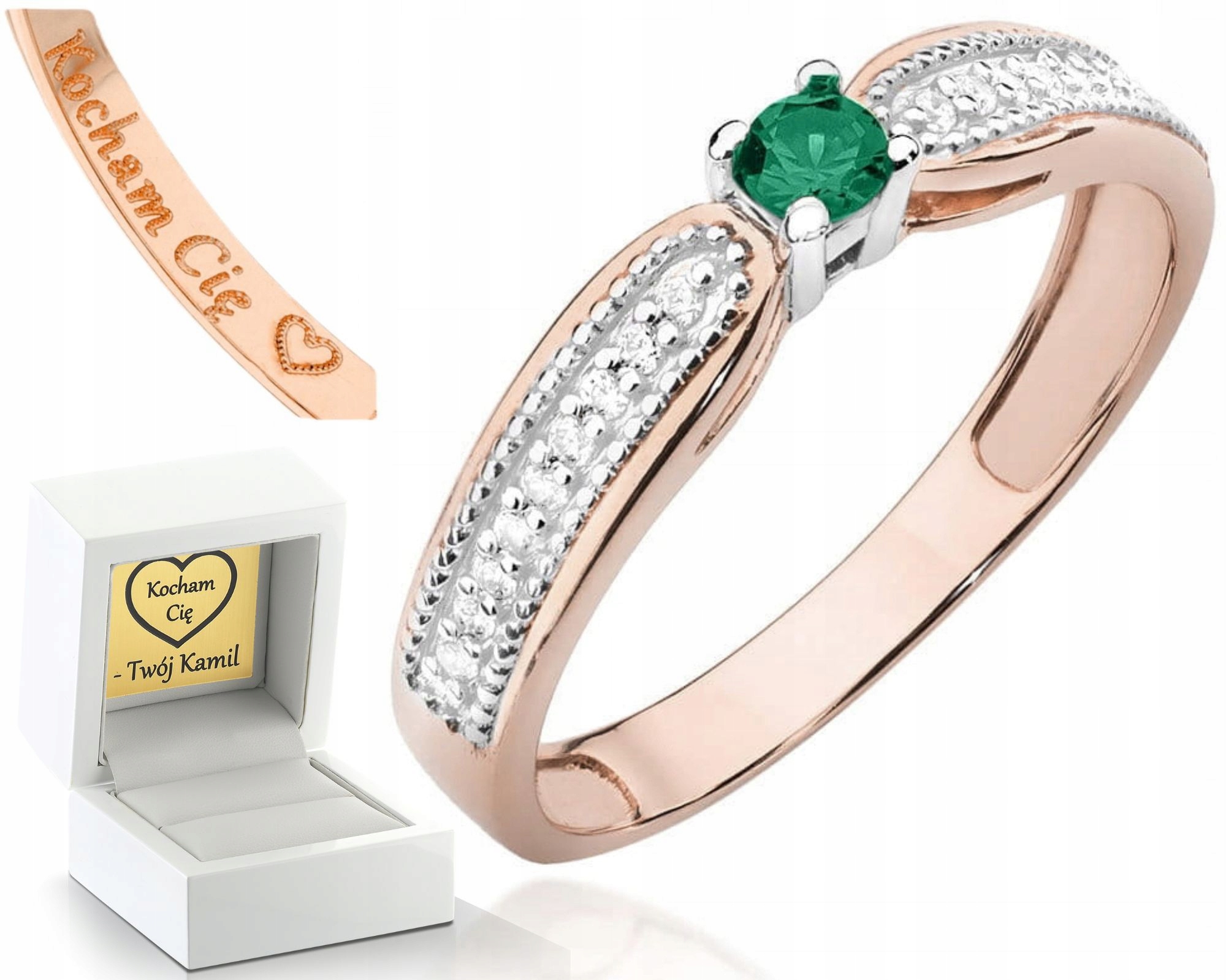 Růžové Zlato Zásnubní Prstýnek Smaragd Brilianty Gravírování 585 Dárek