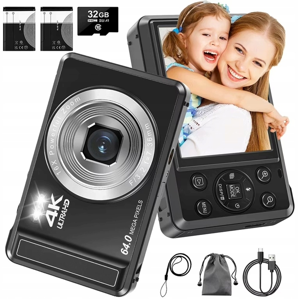 Digitální Fotoaparát 64 Mp S 16NÁSOBNÝM Zoomem Videa 4K Pro Vloggery S 32GB Kartou