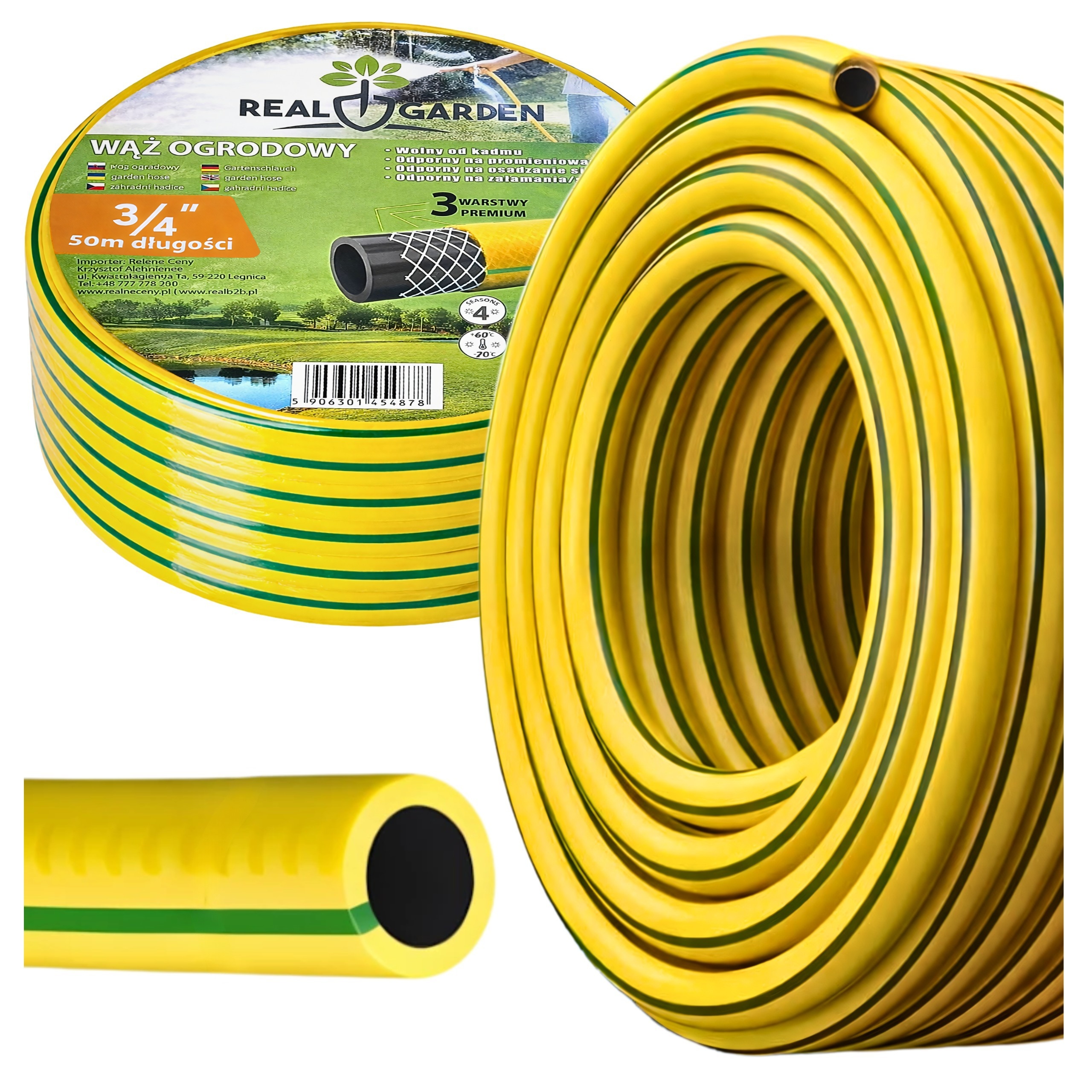 Wąż Ogrodowy Gumowy Do Podlewania 3 Warstwowy 3/4 Żółty Mocny Zbrojony 50m