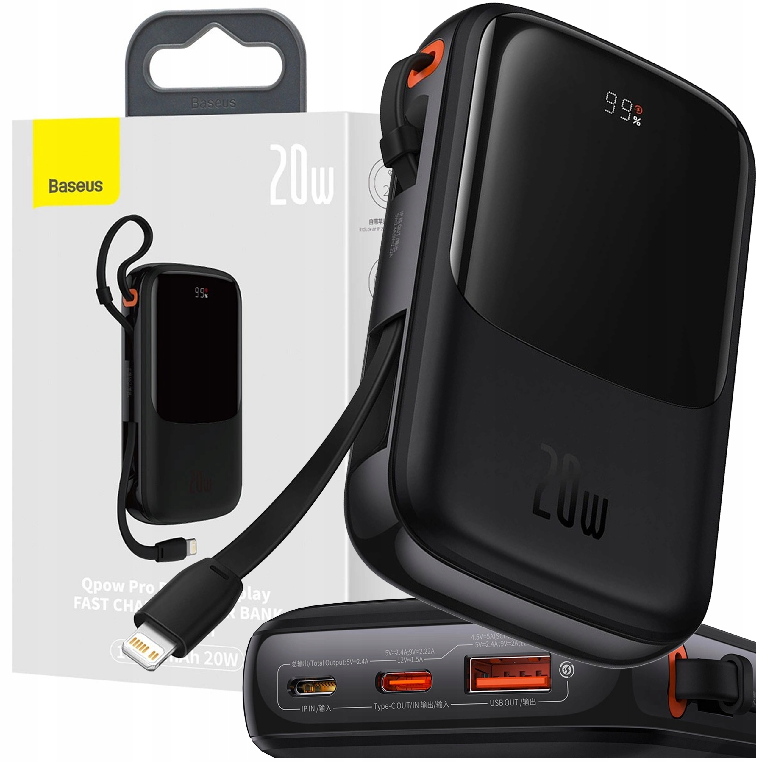 Baseus Power Bank 10000 mAh 20W Vestavěný Lightning Kabel Výkonná Powerbanka