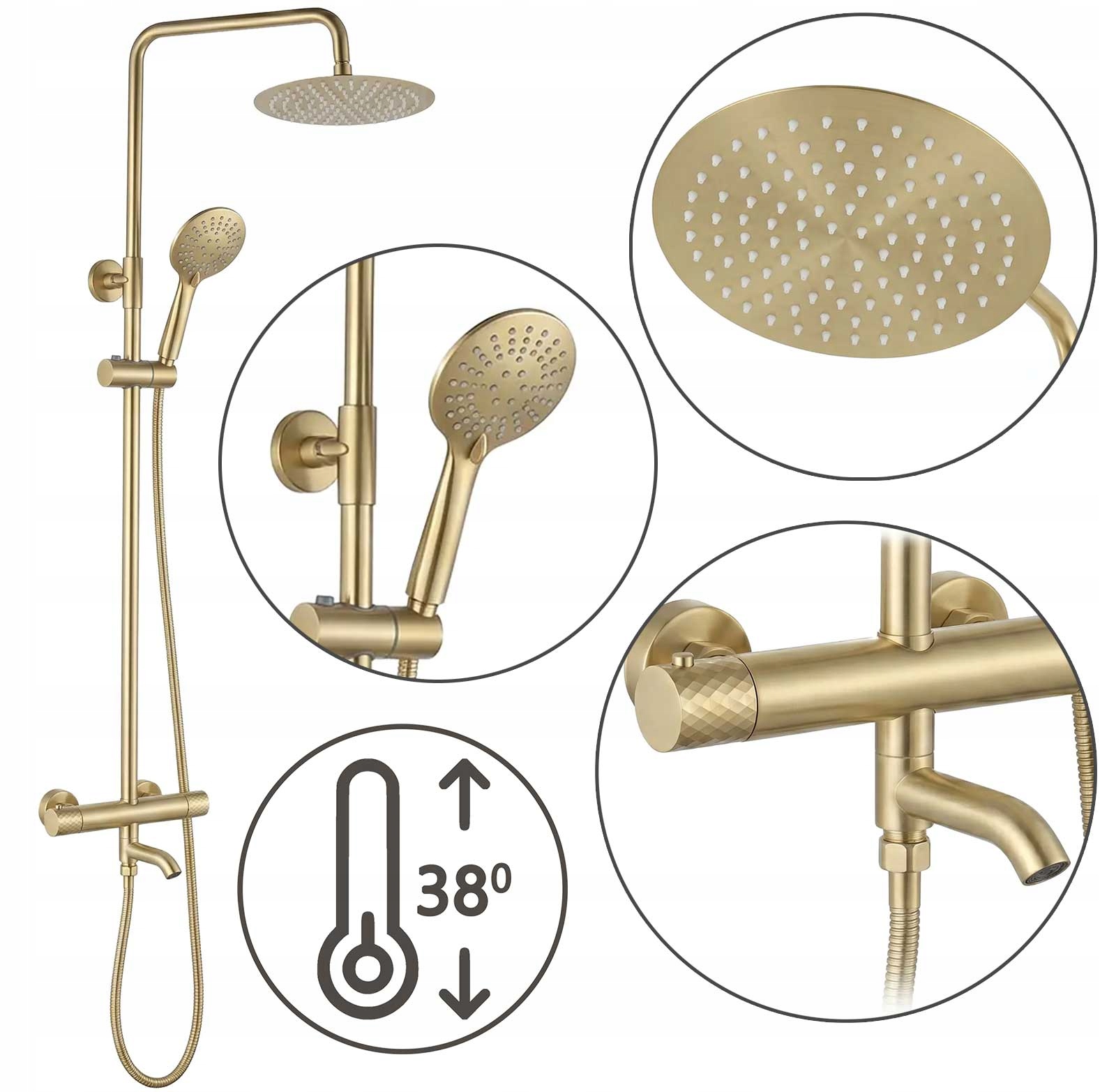 Súprava na striekanie s pohyblivým výtokom termostatu Lungo Diamond Brush Gold