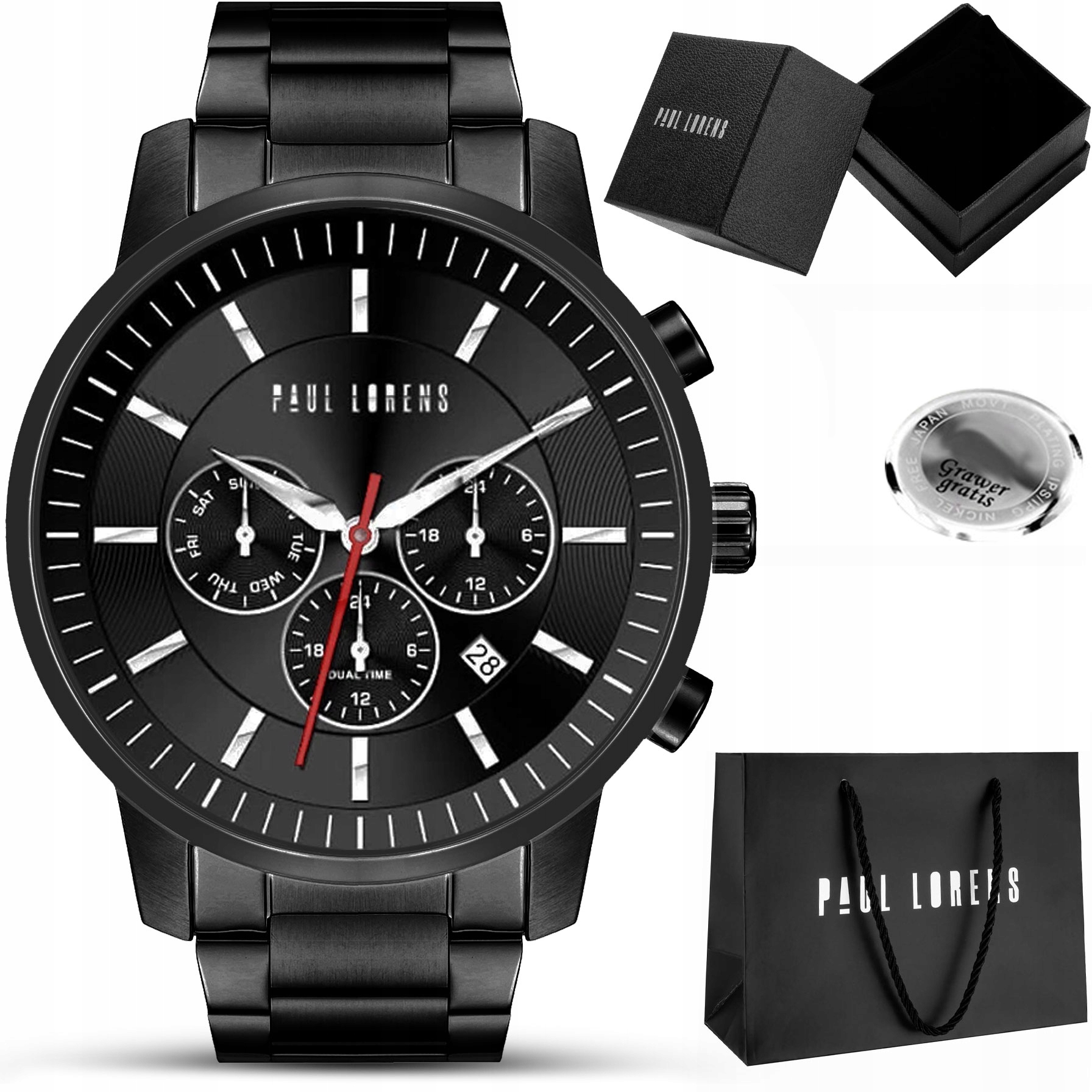 Pánské hodinky Paul Lorens Tornar, ocelový náramek datumovka S Gravírováním