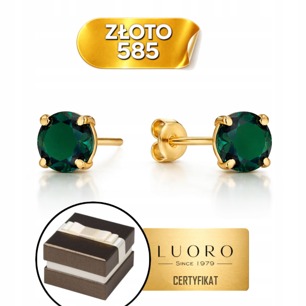Náušnice Zlaté 585 14K Zelený Křemen Kroužek Na Tyči Elegantní 6 MM