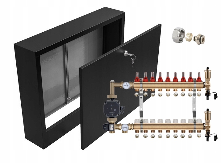 Rozdělovač 9 pro podlahovku s Pompou Grundfos+pex+nástěnná Skříňka Černá