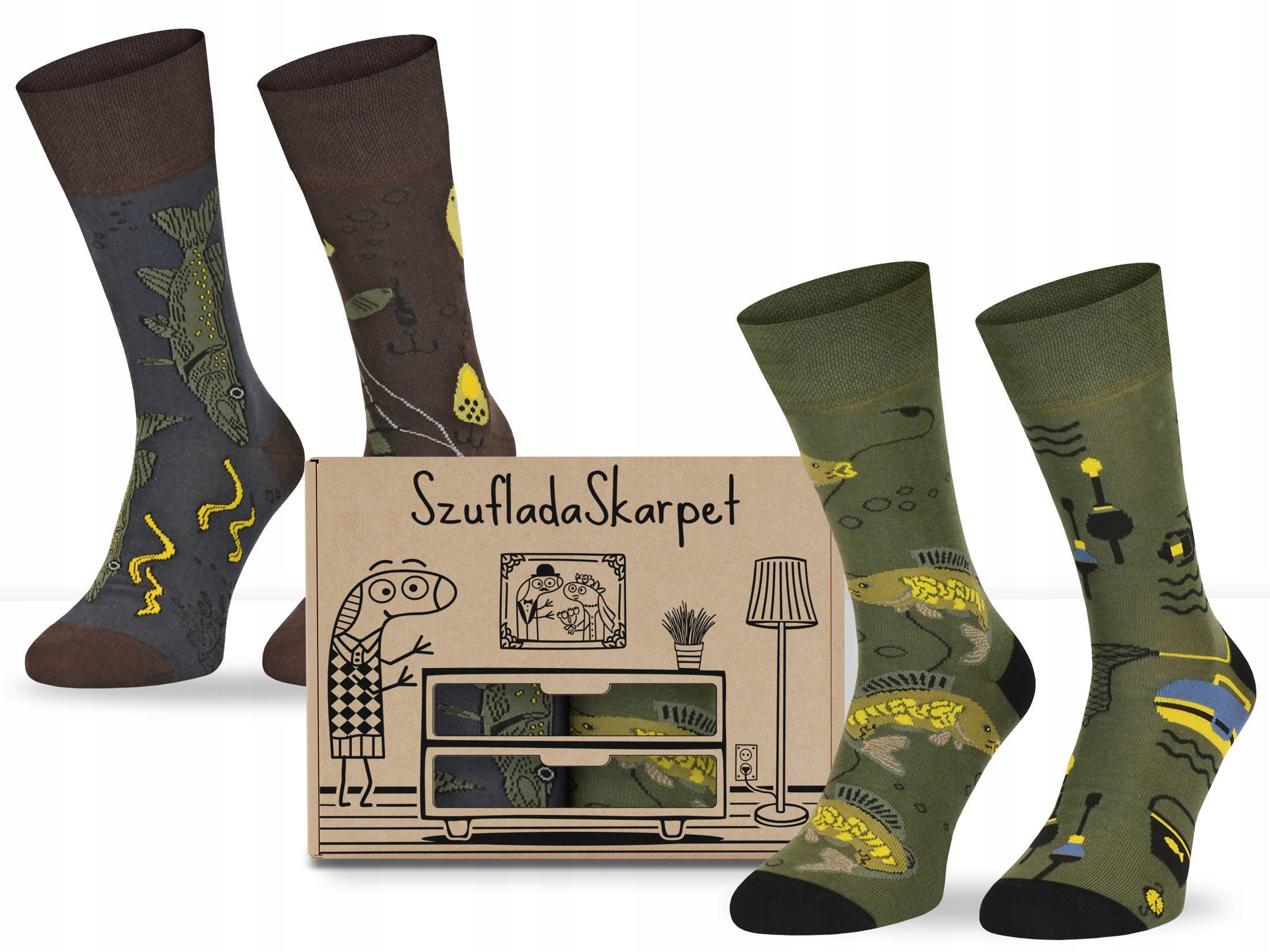 

Pudełko kolorowych skarpet w rybki dla Wędkarza