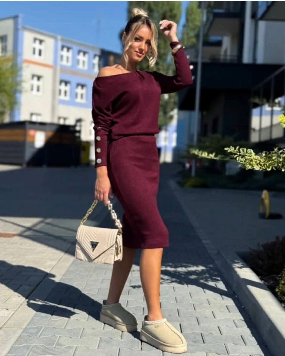 Pletený komplet Košilka carmen Sukně Rozparek Knoflíky Bordo S