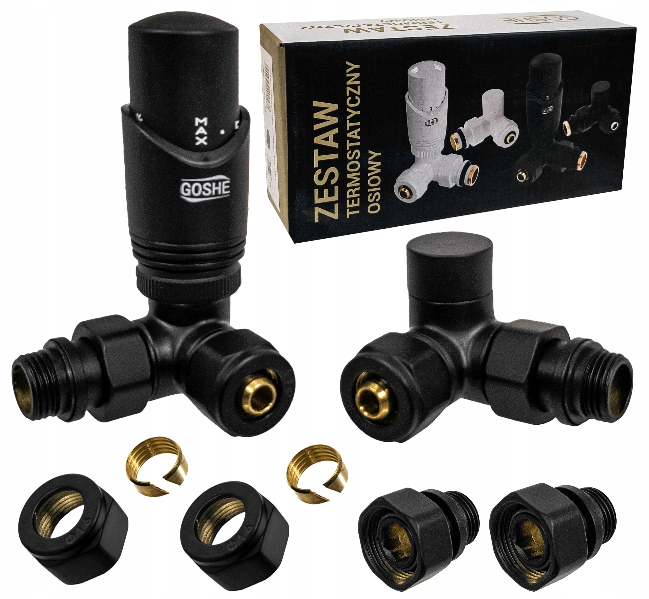 ZAWÓR TERMOSTATYCZNY OSIOWY PRAWY DO GRZEJNIKA CZARNY MAT 1/2 PEX 16 ZESTAW