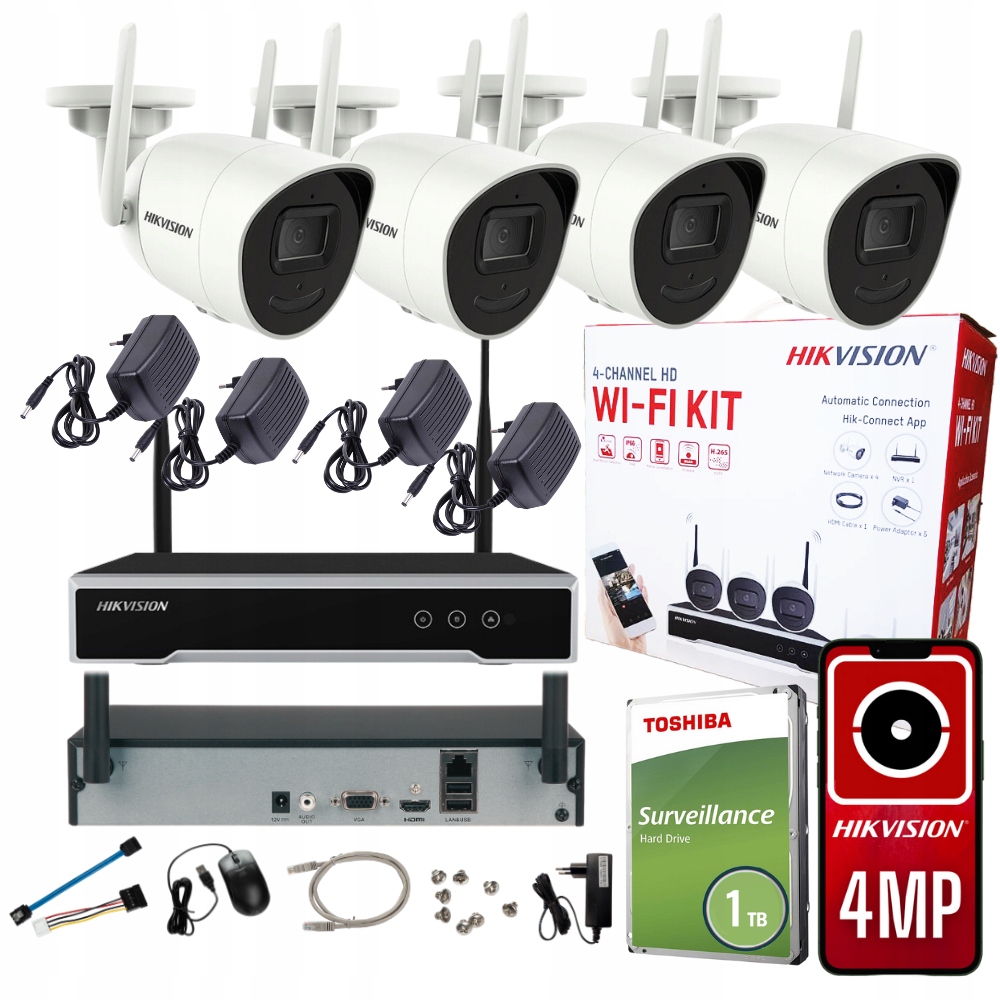 Zestaw do monitoringu Hikvision 4x kamera zewnętrzna WiFi + HDD