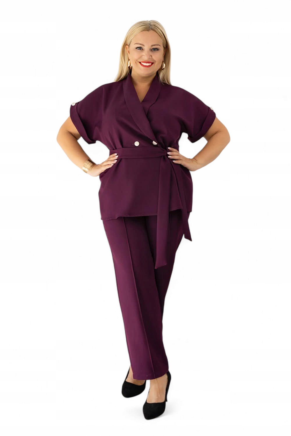 Oblekový komplet, oblek s krátkým rukávem, velikost plus size, velikost 48 švestka