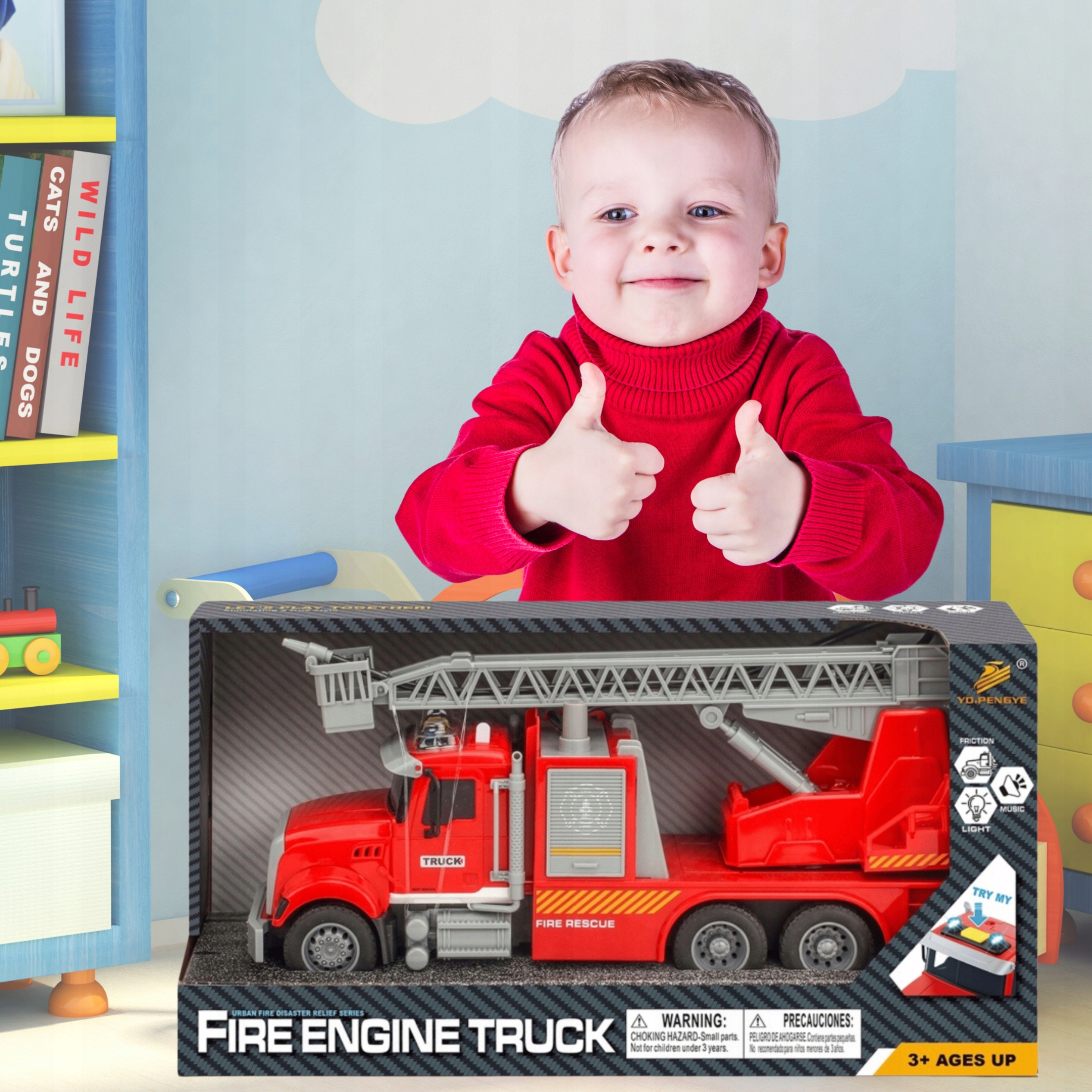 WÓZ STRAŻACKI STRAŻ POŻARNA ZE ŚWIATŁEM I DŹWIĘKIEM SAMOCHÓD DLA DZIECI Efekty dźwiękowe podświetlenie LED świetlne