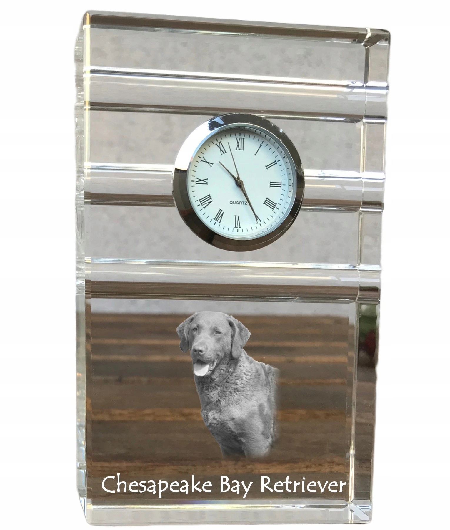 Chesapeake Bay Retriever krištáľové stolové hodinky s vašou fotografiou