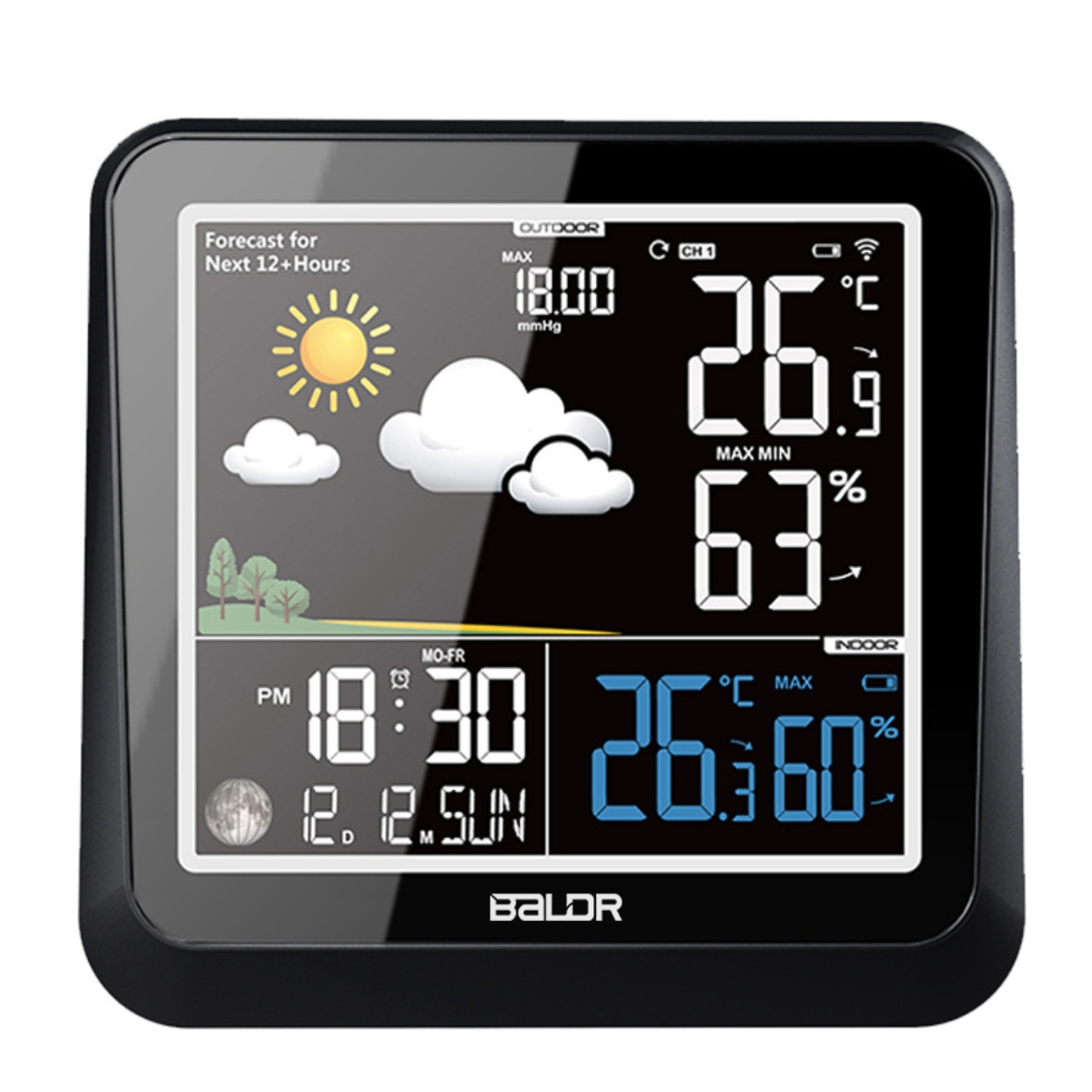 Stacja Pogodowa Baldr B0336 Bezprzewodowa Barometr Termometr Fazy Księżyca