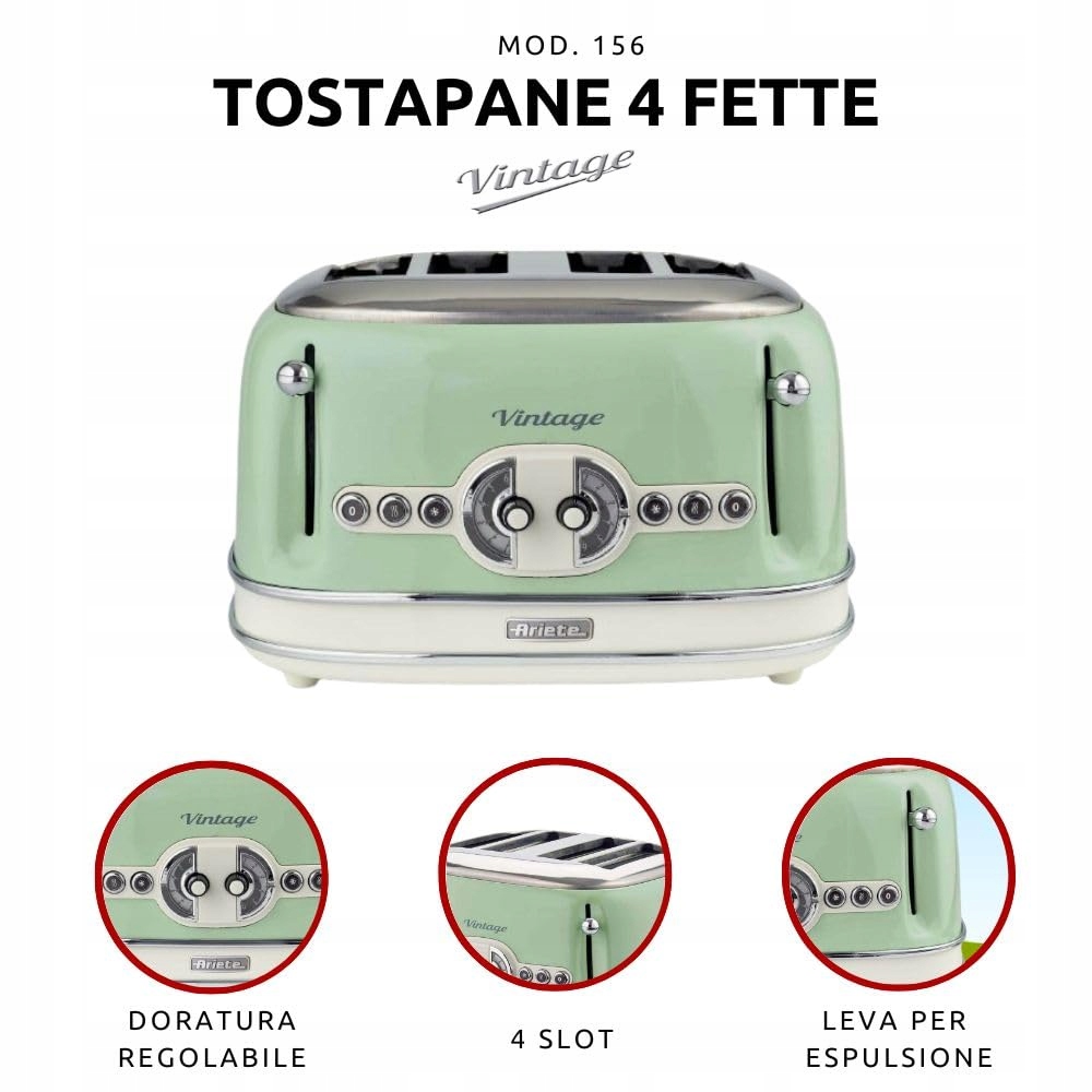 ARIETE Vintage Toster Retro 4 Kromki, 1600W, Zielony — miniatura 2