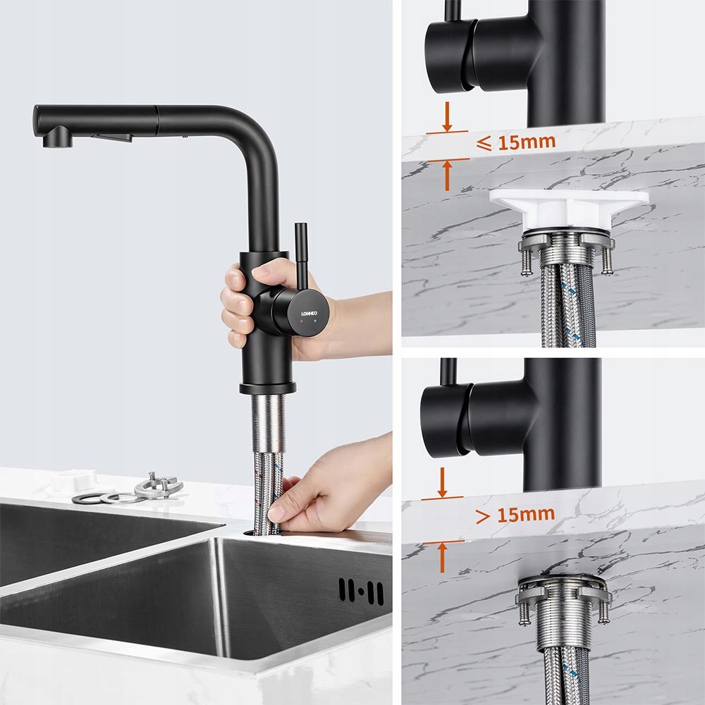 DUO Bateria Kuchenna Zlewozmywakowa Kran Stalowy z Wyciągana Wylewką 2Tryby Linia Lonheo Bateria Kuchenna