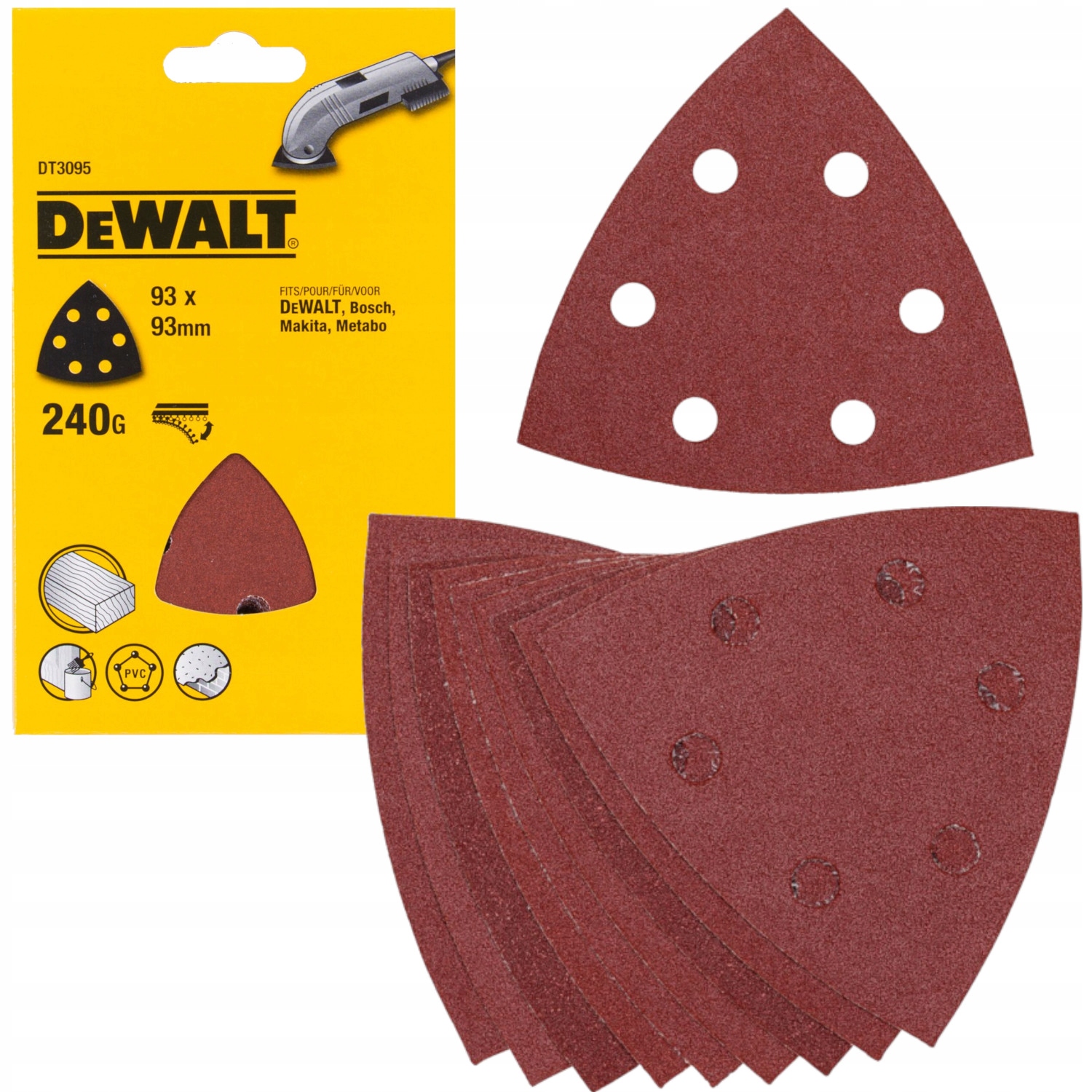 DeWALT DT3095 Papier ścierny trójkątny na rzep 93 x 93 mm gr. 240 10 szt.