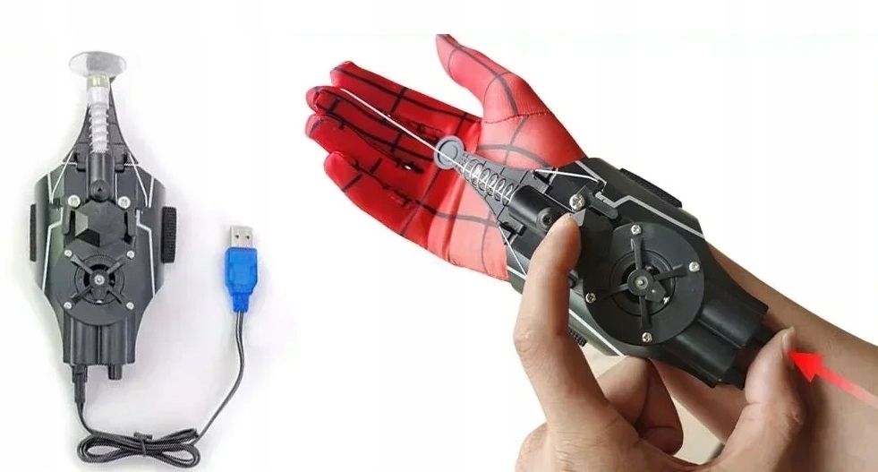 SPIDERMAN WYRZUTNIA SIECI STRZELAJĄCA ZESTAW RĘKAWICA SIEĆ 3M MAGNES USB Kolor dominujący czerwony