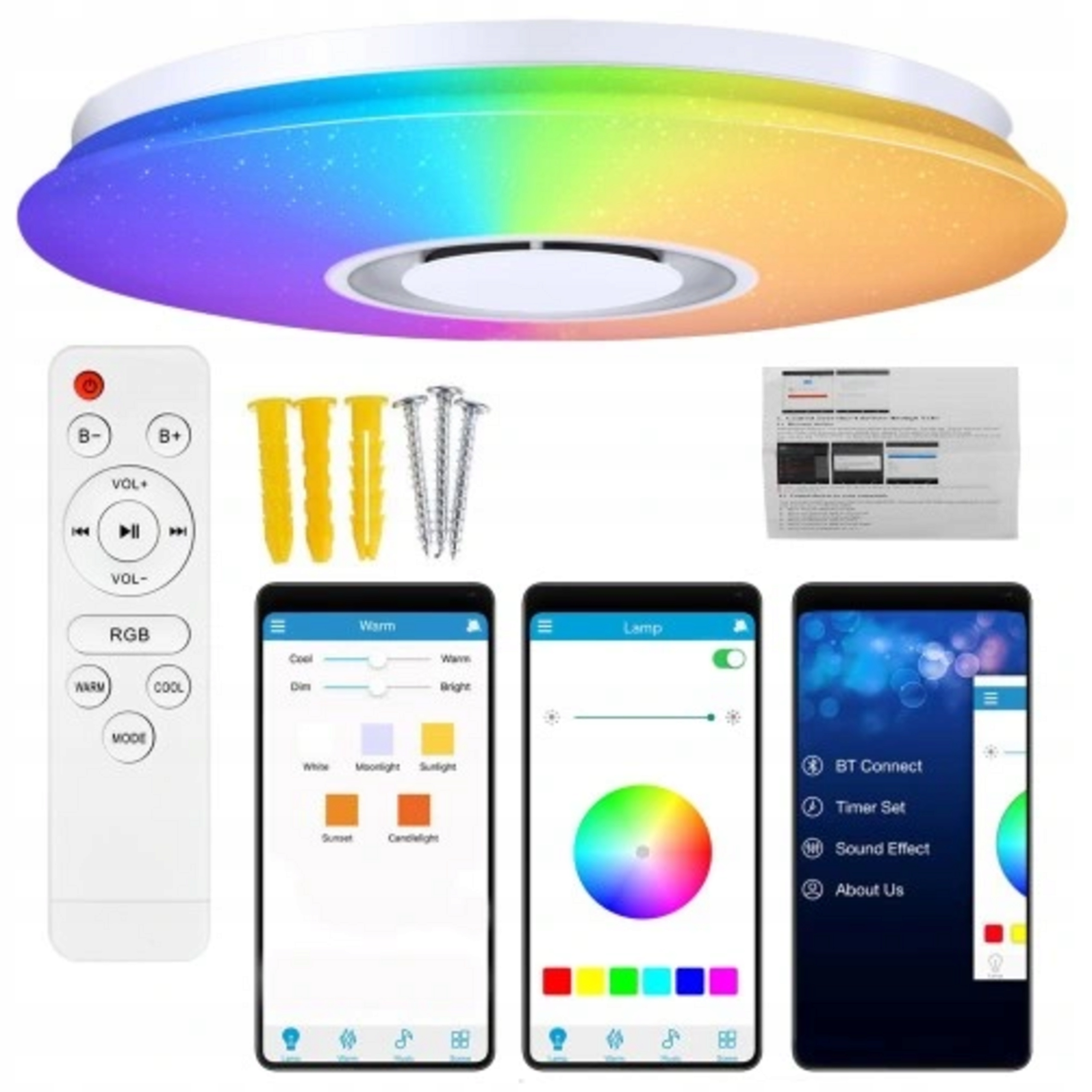 Plafon Lampa Sufitowa Led Rgb z Aplikacją Bluetooth Głośnik Pilot 60W 40 cm