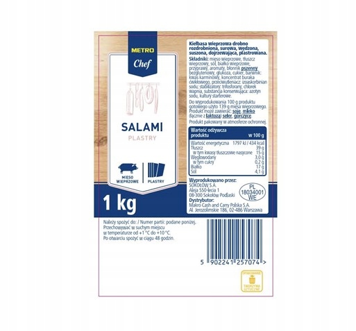 Metro Chef Salami plátky 1 kg Klasické Salami Velké balení