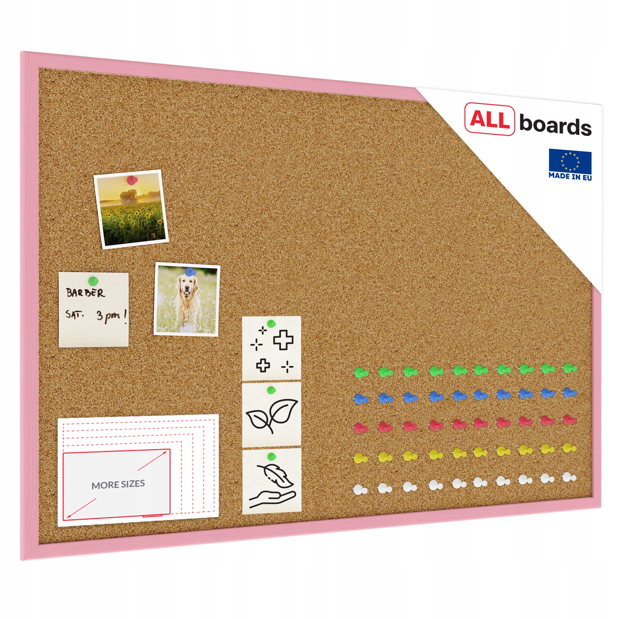 Różowa tablica korkowa 90x60 drewniana pinezki