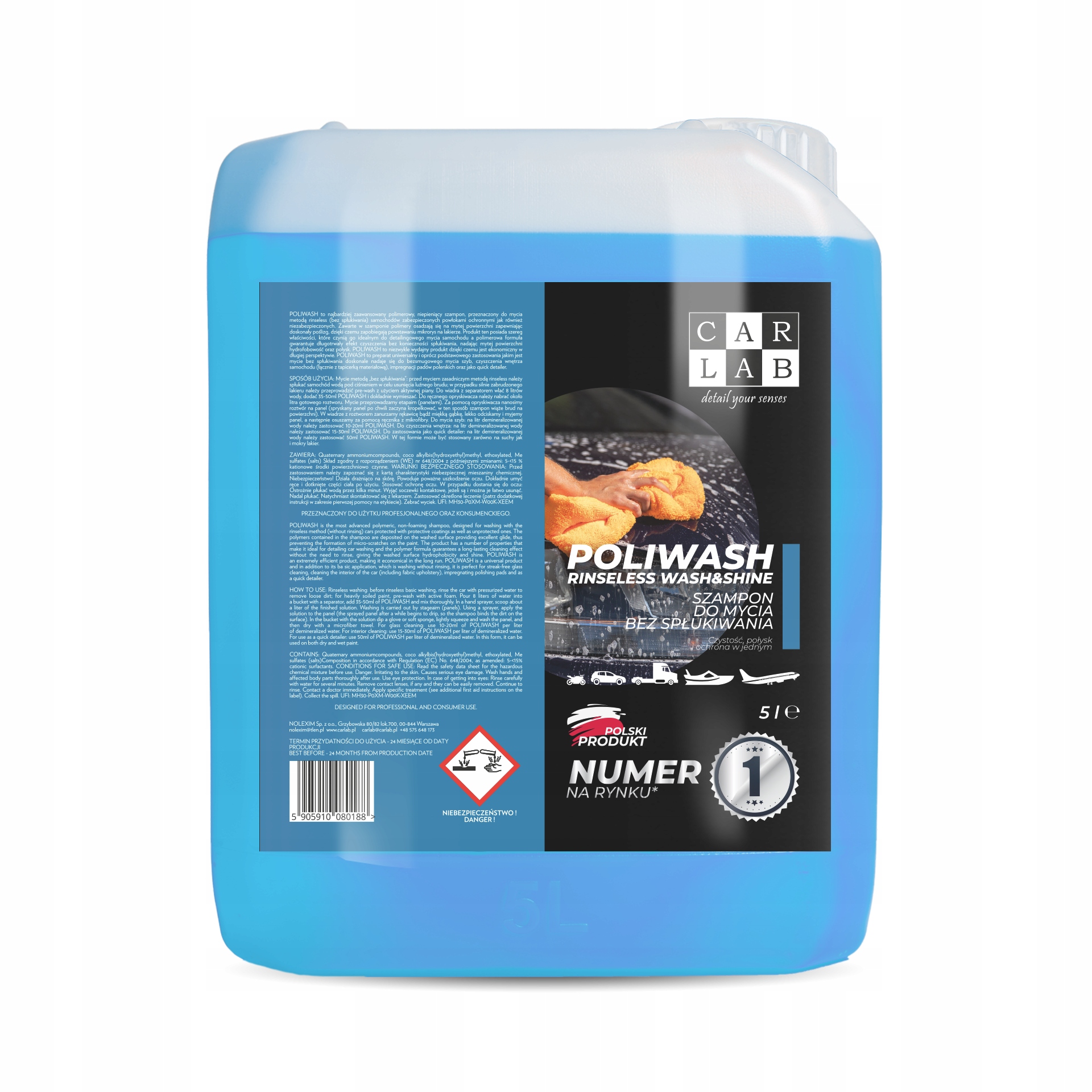 CARLAB POLIWASH BLUE 5L polimerowy szampon bez spłukiwania, rinseless