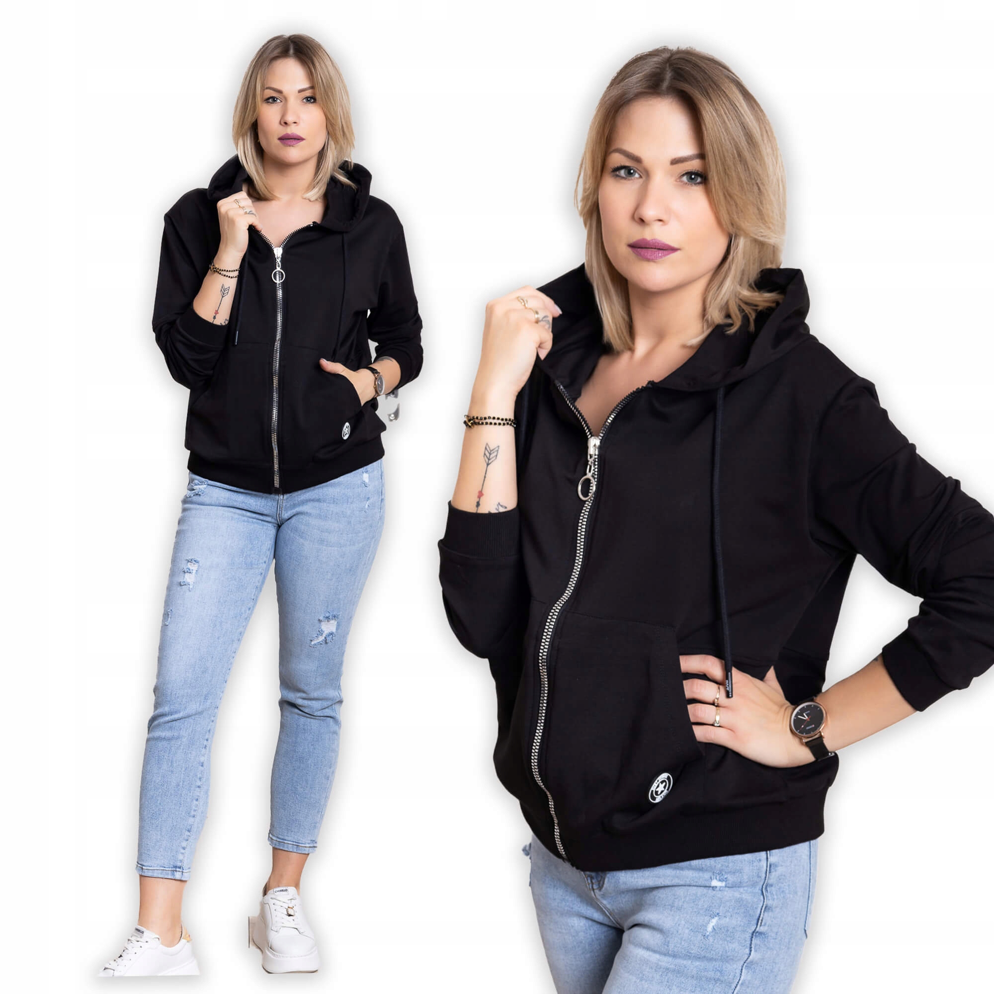 Bluza damska Megi kangurka rozpinana z kapturem Czarna S/m