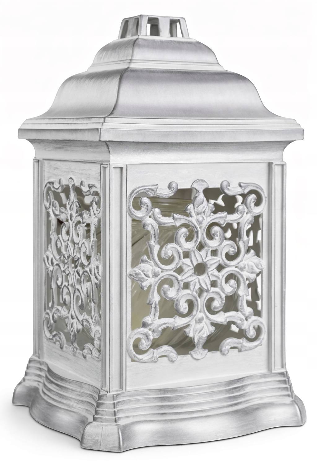 Znicz szklany ozdobny premium biało-srebrny tradycyjny ORNAMENT wys. 26 cm