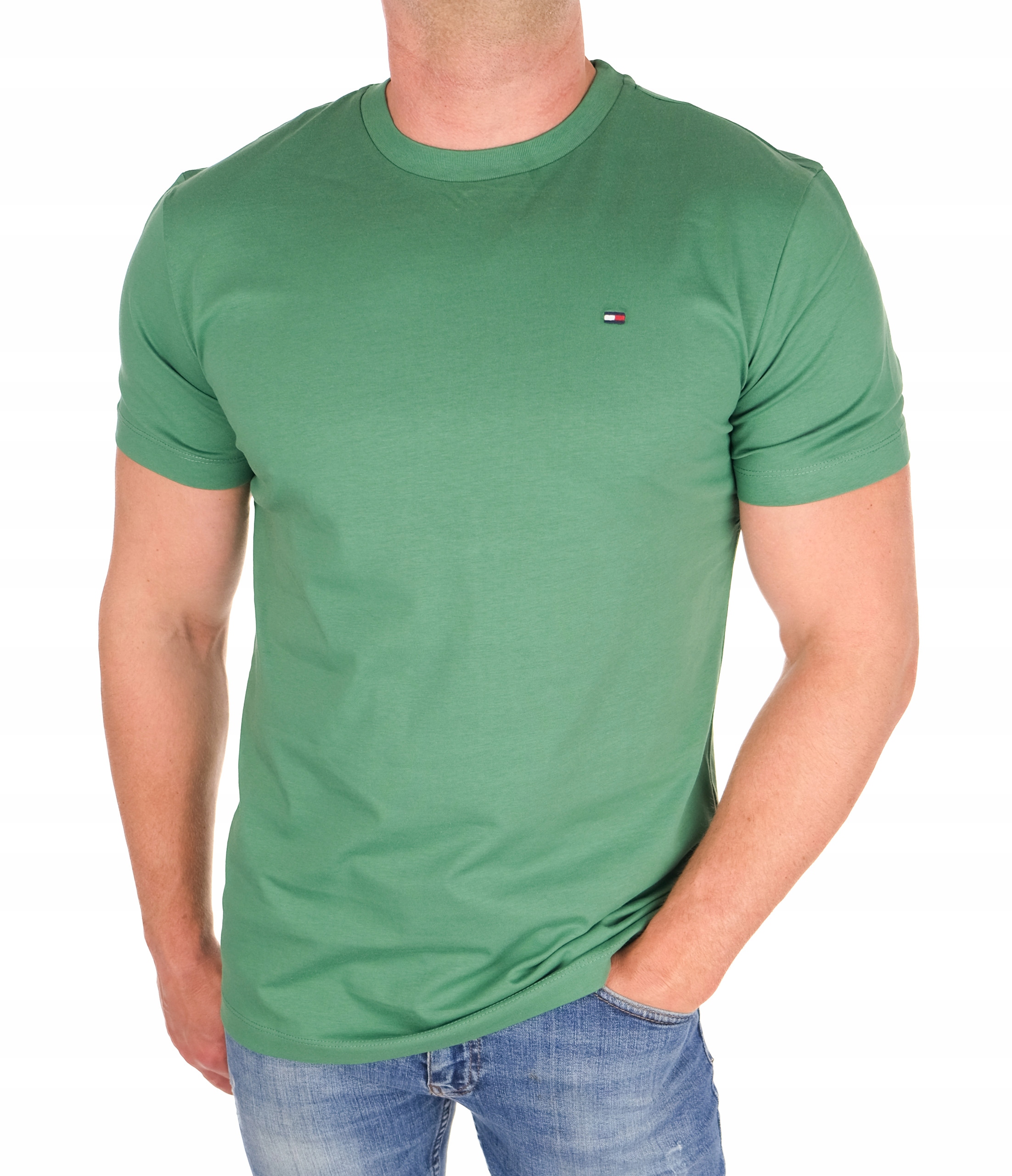 Koszulka Tommy Hilfiger Basic Męska T-shirt Slim Fit Zielona Roz. L