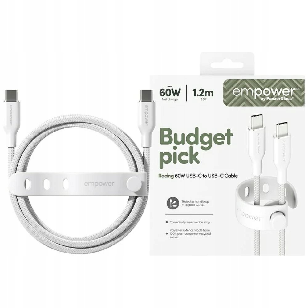 Kabel empower by PanzerGlass Racing 60W Usb-c do Usb-c 1.2m srebrno-biały