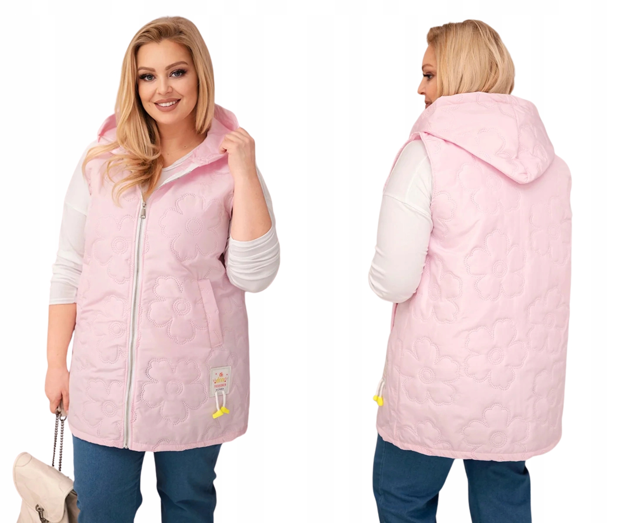Cukrově růžová dámská jarní prošívaná vesta Plus Size s kapucí