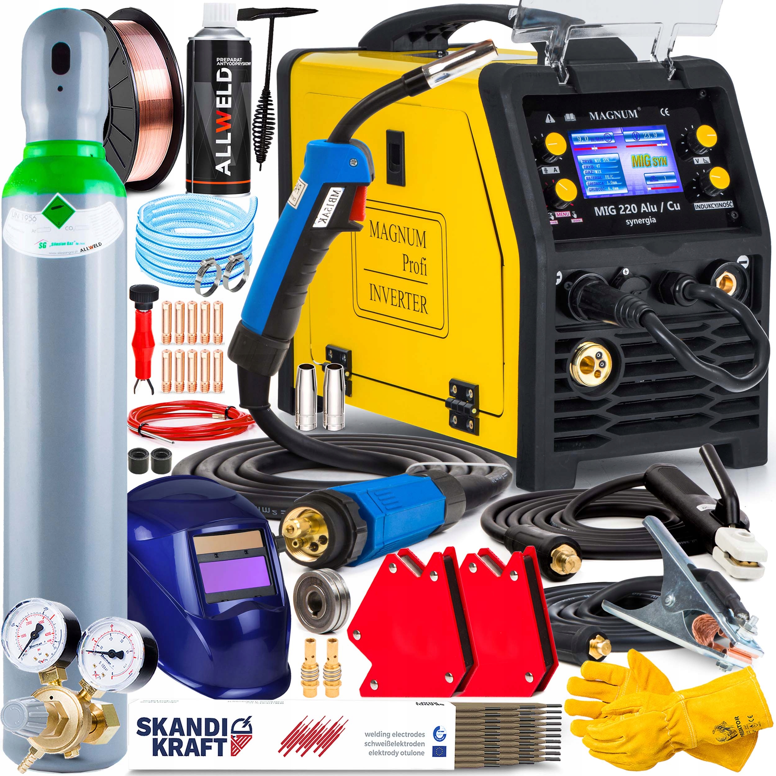 Poloautomatický svařovací stroj magnum mig 220 alu/cu synergie mma tig 230v 200a alu