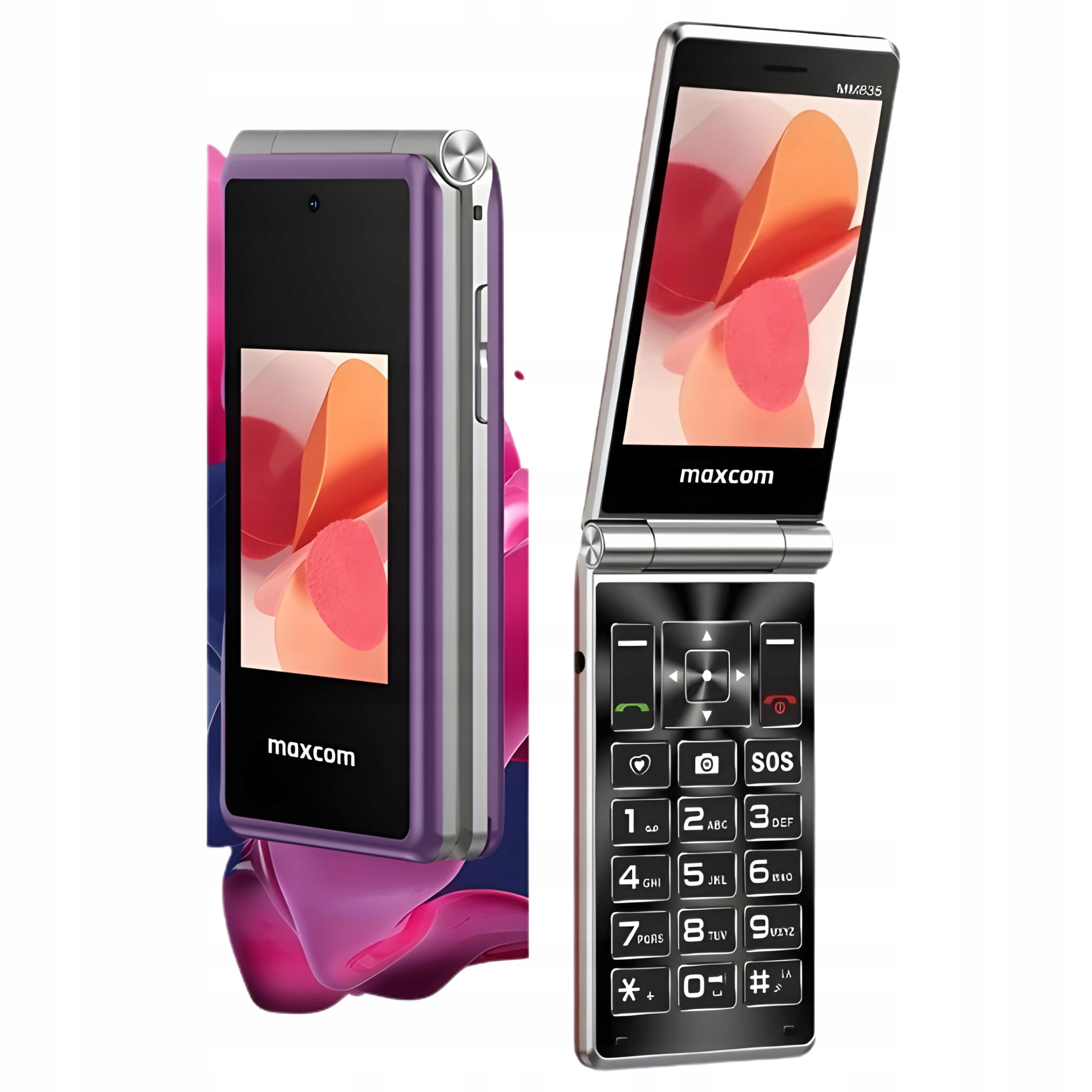 Telefon z aktywną klapką dla seniora Maxcom MM835 fiolet duże klawisze 4G