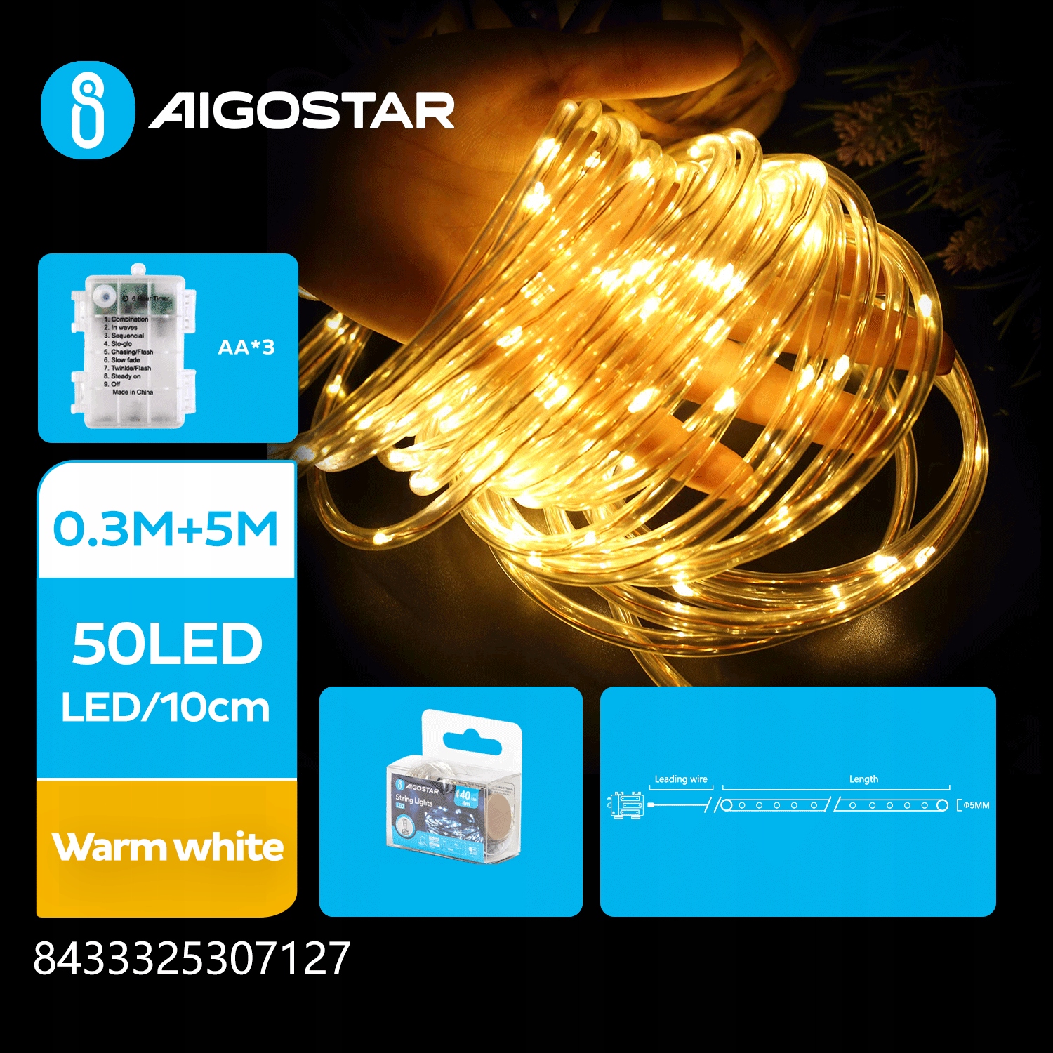 wąż LED 5m na Baterie AA r6 ciepły