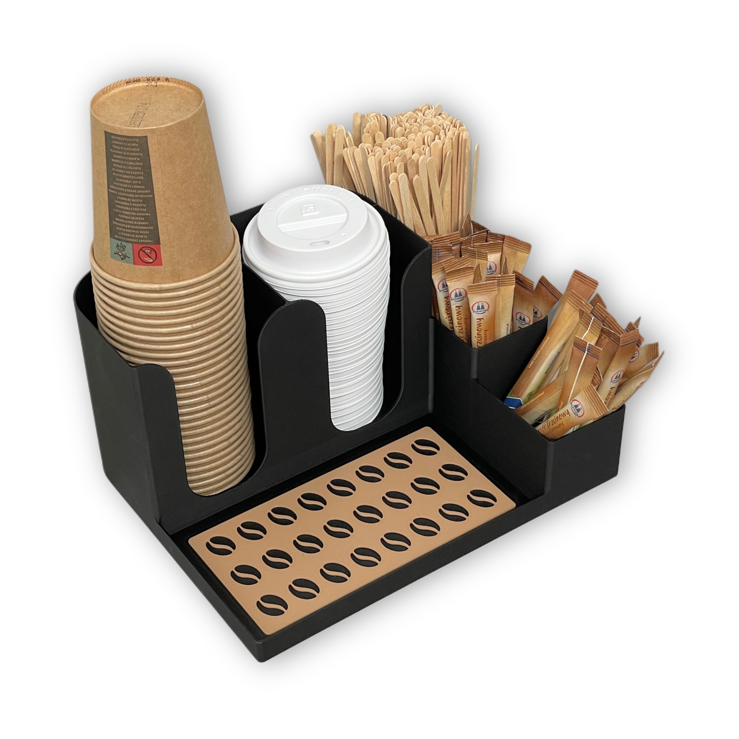 Organizer kawowy dozownik na kubki wieczka cukier i mieszadełka