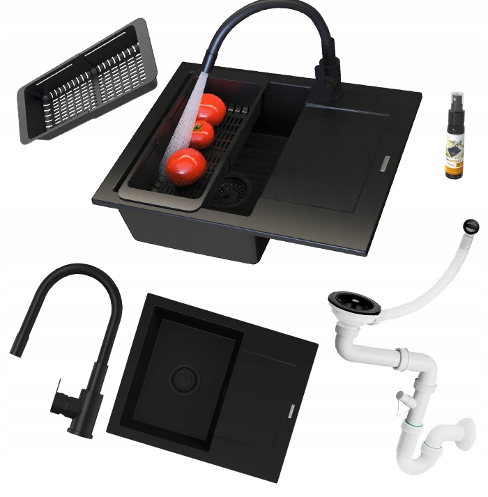 Granitový Drez čierny jednokomorový Bello Sada umývadlová sifónová batéria