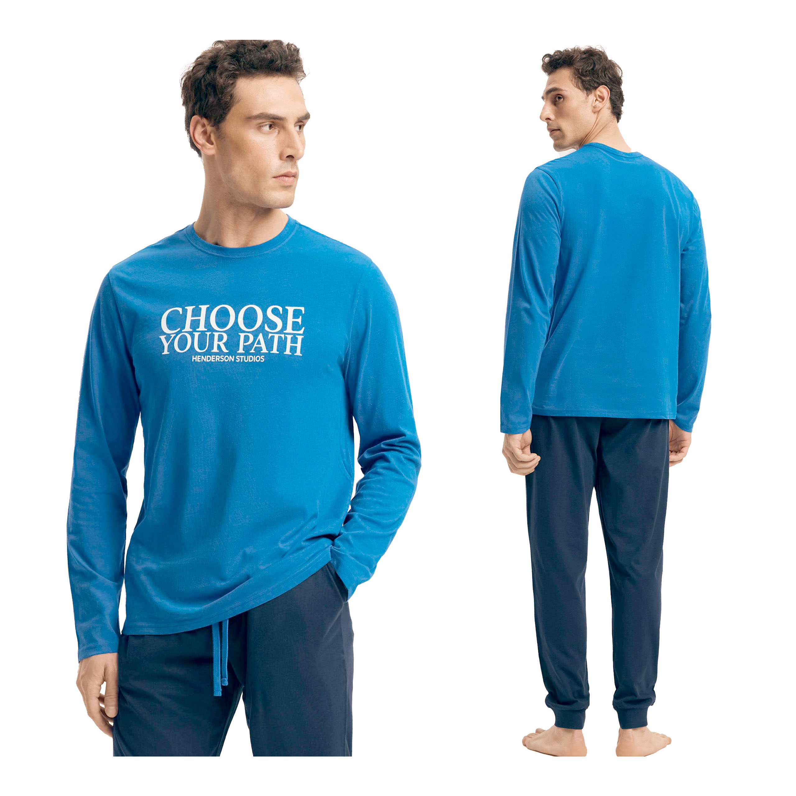 Pánské bavlněné pyžamo s dlouhým rukávem, teplá modrá barva Henderson M