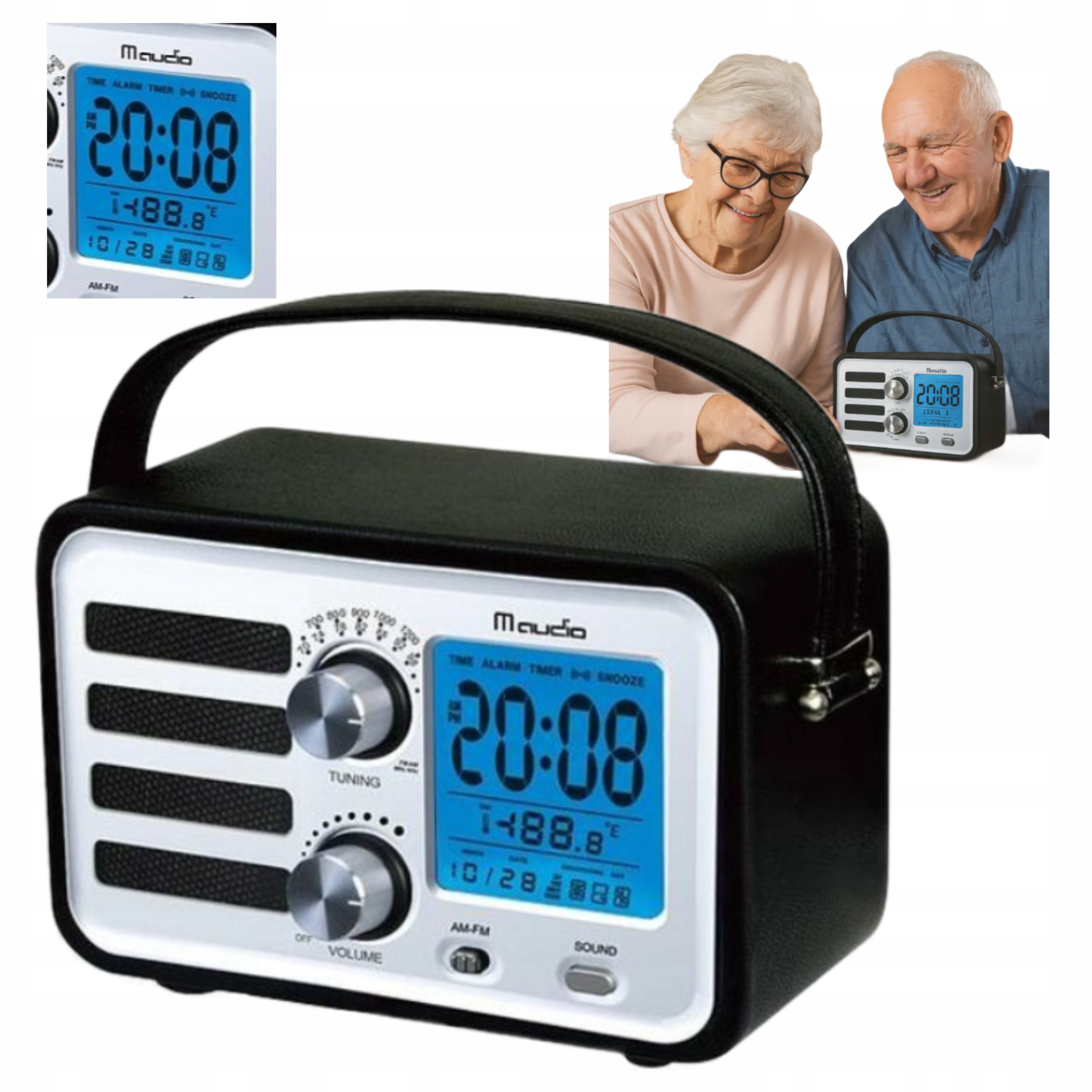 Radio Retro Czarne Budzik Aux Am Fm Termometr Zegarek LCD Elegancja Klasyk