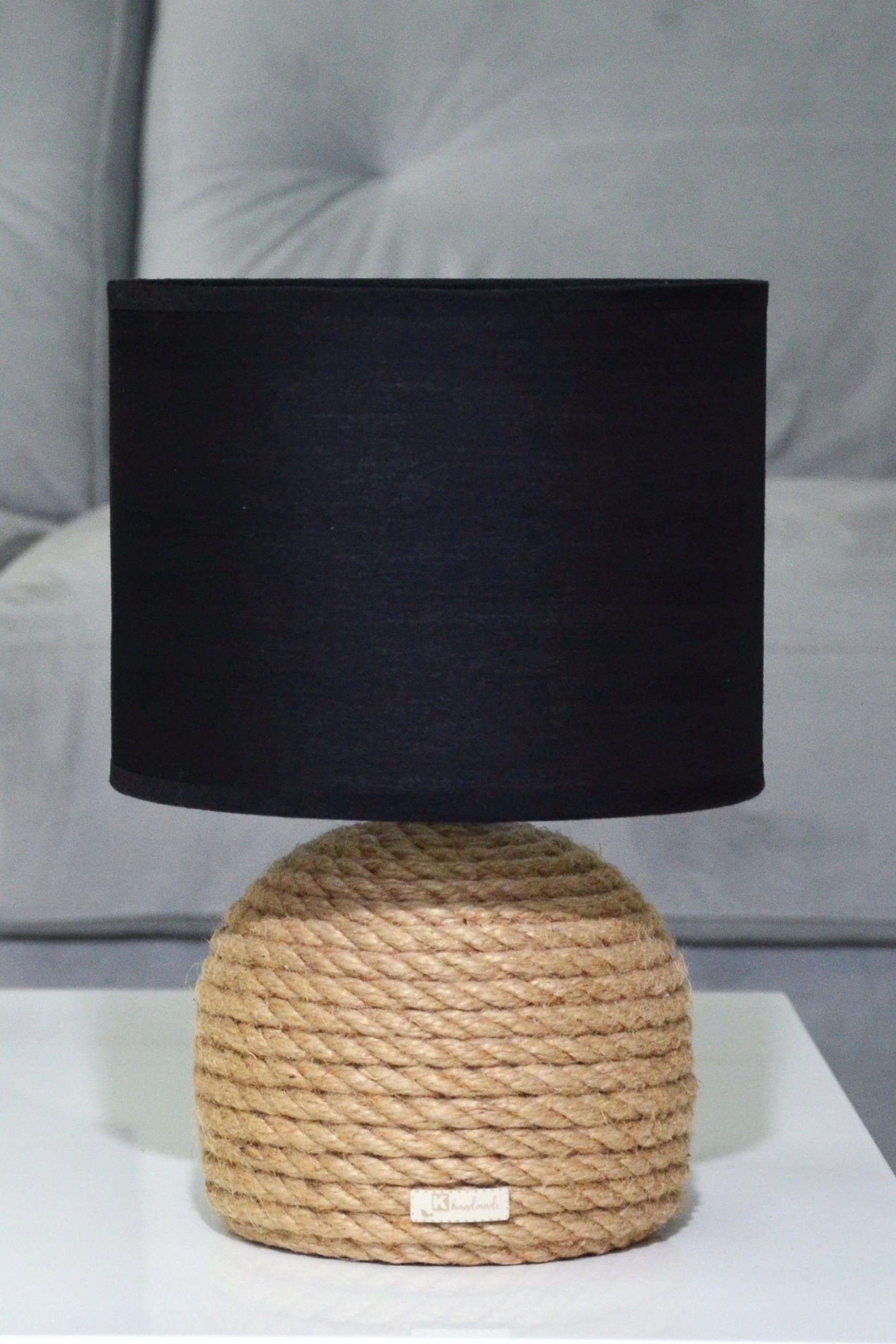 Stołowa lampka z juty sznurek jutowy skandynawska Boho 30 czarny abażur