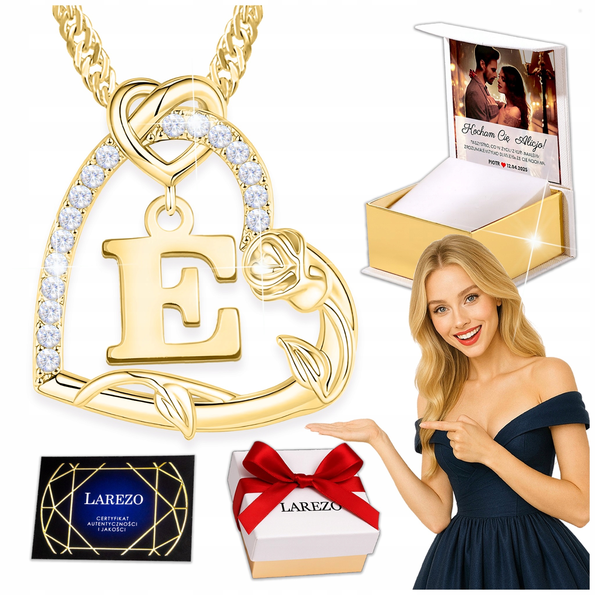 Zlatý náhrdelník 925 s písmenem E Křišťálové srdce s květinou Potisk