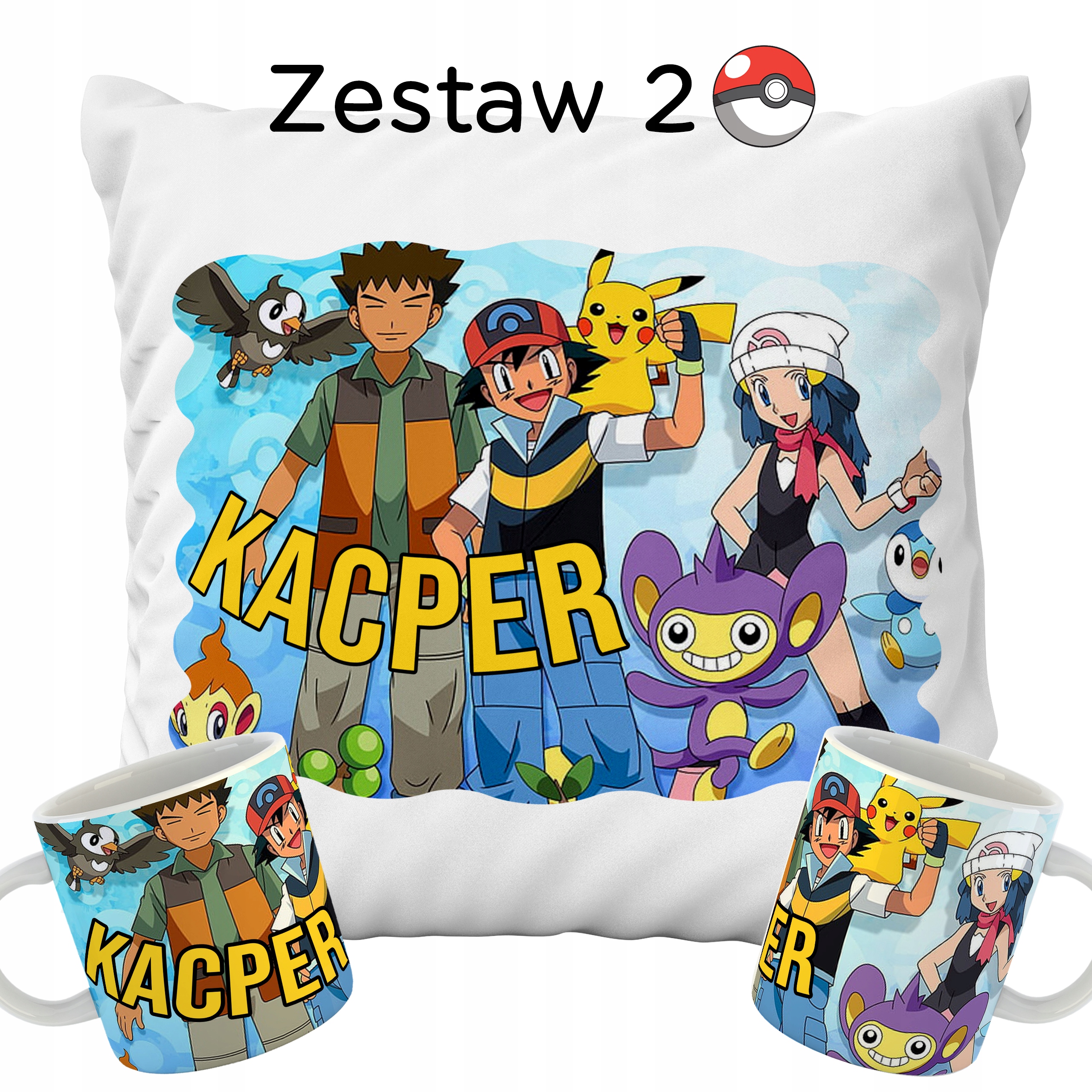 ZESTAW PODUSZKA + KUBEK POKEMON PIKACHU IMIĘ PREZENT Długość 40 cm