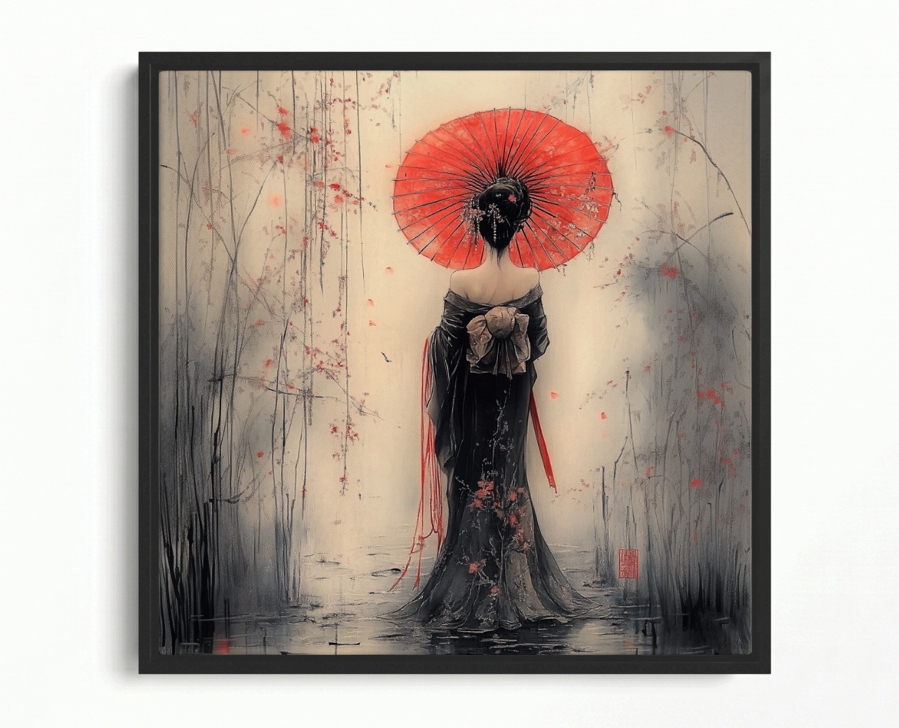Obraz Rám American Box Žena Gejša Dáždnik Japonsko Orient Ázia 60x60